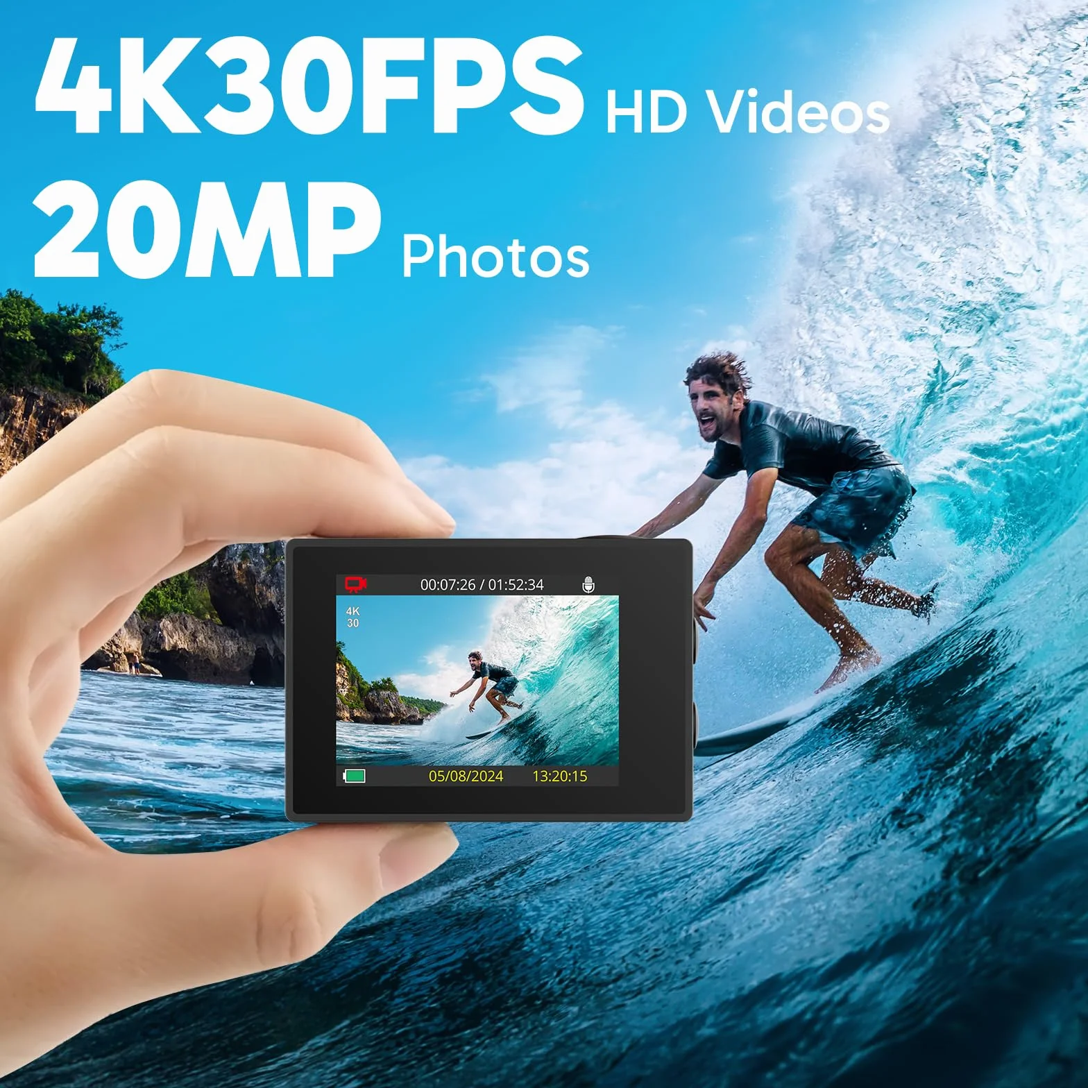 AKASO EK7000 Action Cam 4K, Fotocamera Subacquea WiFi 20MP, Impermeabile 30M, Microfono Esterno Compatibile, Telecomando, 2 Batterie 1050 mAh, Accesorios Multiples per Bicicletta Casco Sci Surf