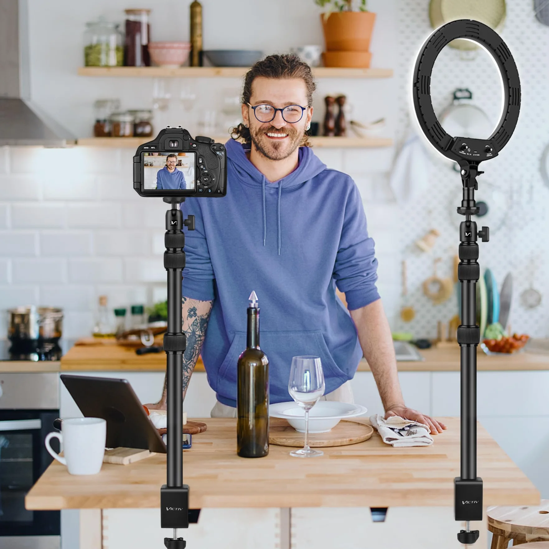 Victiv 37cm-105cm Supporto per Fotocamera da Tavolo, Treppiede da Tavolo con Adattatore a Vite da 1/4" per Canon DSLR, Supporto per Lampada da Tavolo Regolabile per Fotocamera, Luce ad Anello, Webcam