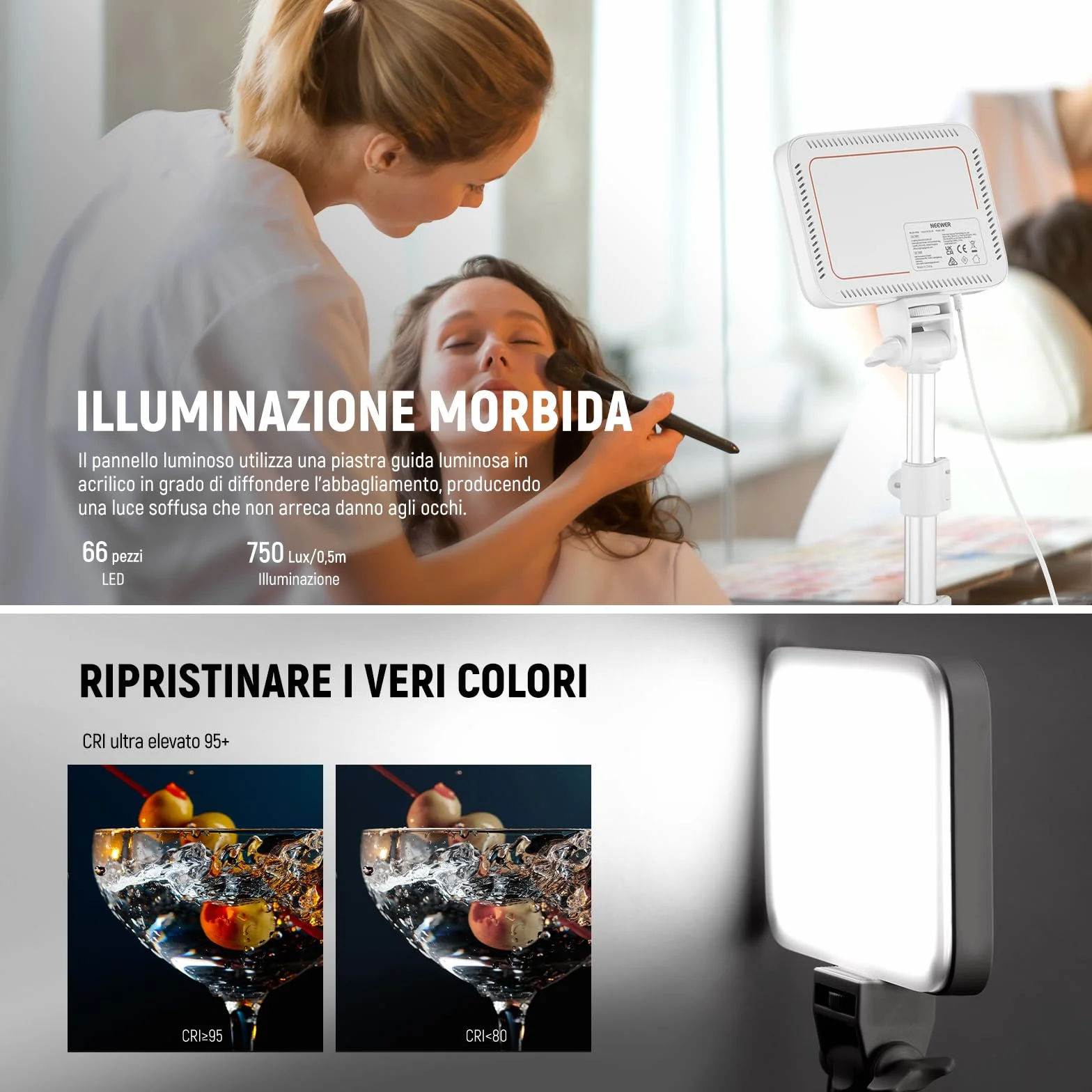 NEEWER BASICS Kit Luce Video a Pannello LED, 2pz Luci Fotografiche da Studio Portatile Dimmerabile Bicolore con Stativo e Filtro, 3200K-5600K CRI 95 750lux per Foto Video Streaming Live, Bianco, BP66