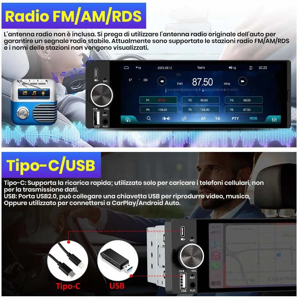 Autoradio 1 DIN con Schermo 6,28 pollici Car Radio Wireless CarPlay Android Auto Bluetooth FM AM RDS GPS AUX Tipo-C