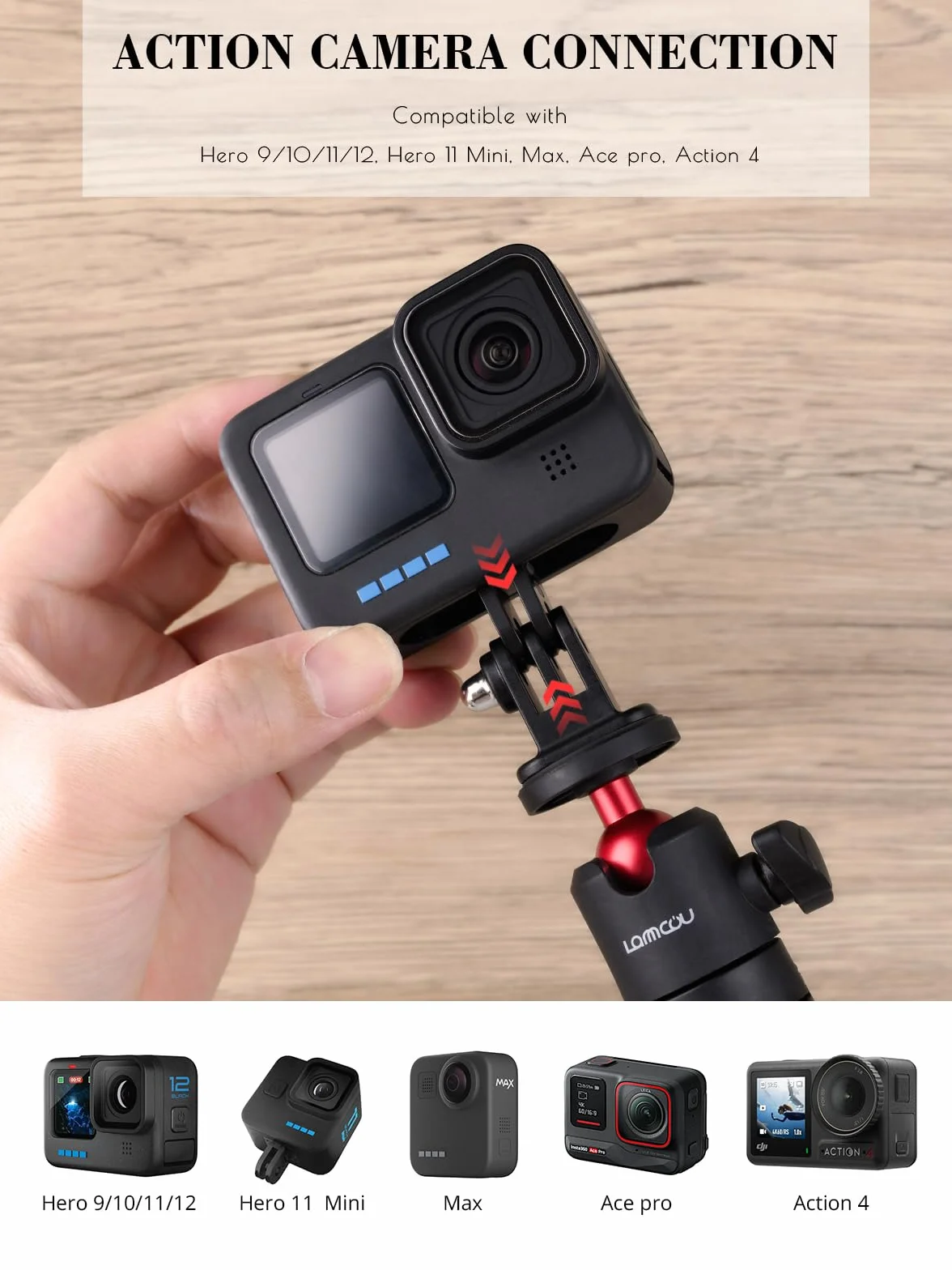 Lammcou Mini treppiede Actioncam con asta di prolunga, Selfie Stick Vlog Grip e adattatore per treppiede per Hero 13 12 11 10 9 8 7 Go3 Go2 X3 X2 Selfie Tripod