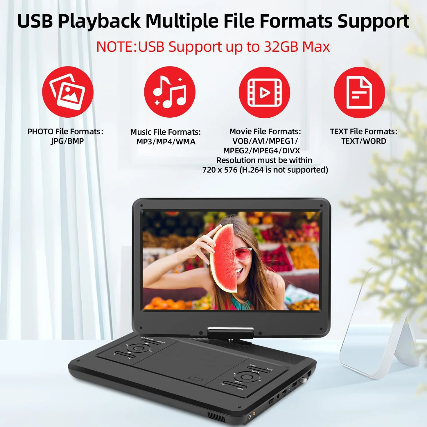 KCR Lettore DVD portatile 14,0 pollici con HD e USB/HDMI/AV/Audio, telecomando HEVC Main 10