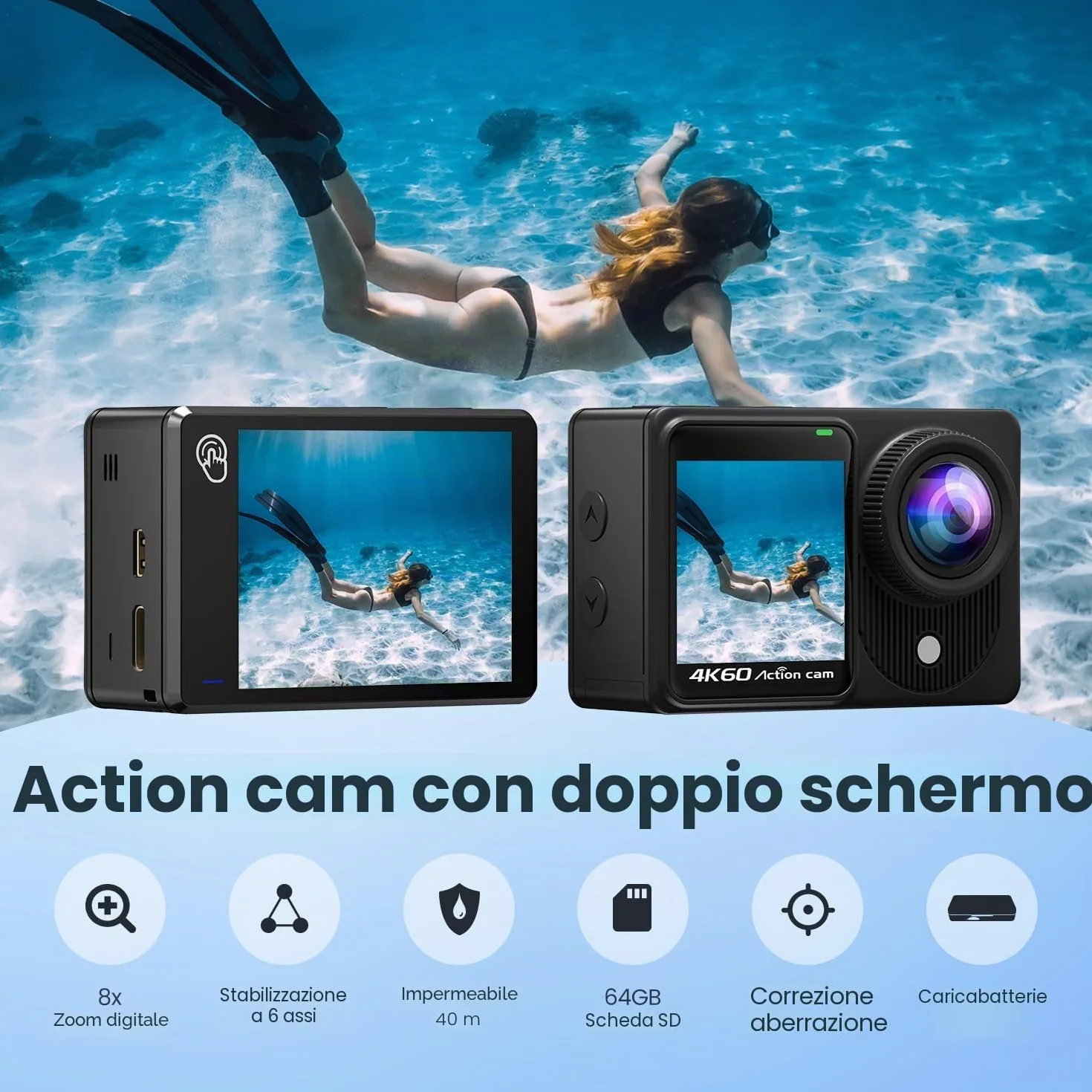Dualscreen 4K60FPS Action Cam con scheda 64G, Fotocamera Subacquea 40M,48MP Touchscreen WiFi Videocamera con EIS, zoom 8X, impermeabile Telecamera Sportiva con 2 batterie da 1350 mAh