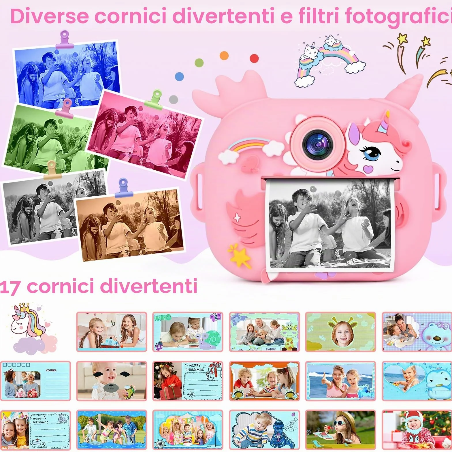 Macchina Fotografica Bambini Istantanea, Ambesty 2,4 Pollici 1080P Fotocamera Bambini Selfie, Fotocamera Digitale con 32GB Scheda e Carta Fotografica, Regali di Natale da 3-12 Anni (Rosa)