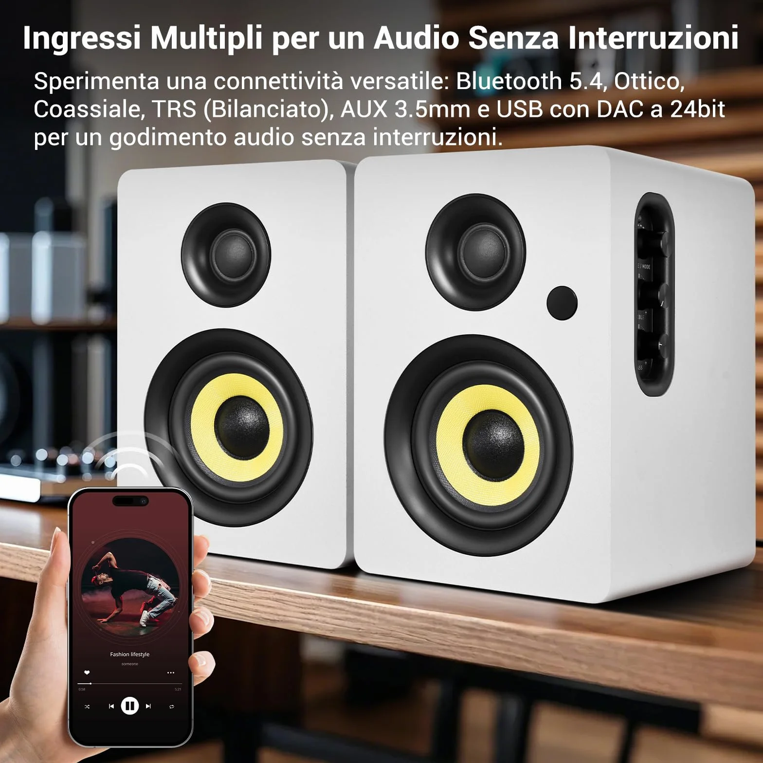 Sanyun SW206 80W Casse Attive da Libreria a Doppia Modalità, Monitor Studio 4" & HiFi, Campo Sonoro 3D Migliorato, Ingresso Bilanciato TRS 6,35mm, BT 5.4, Ottico/Coassiale/Aux/USB DAC 24bit, Bianco