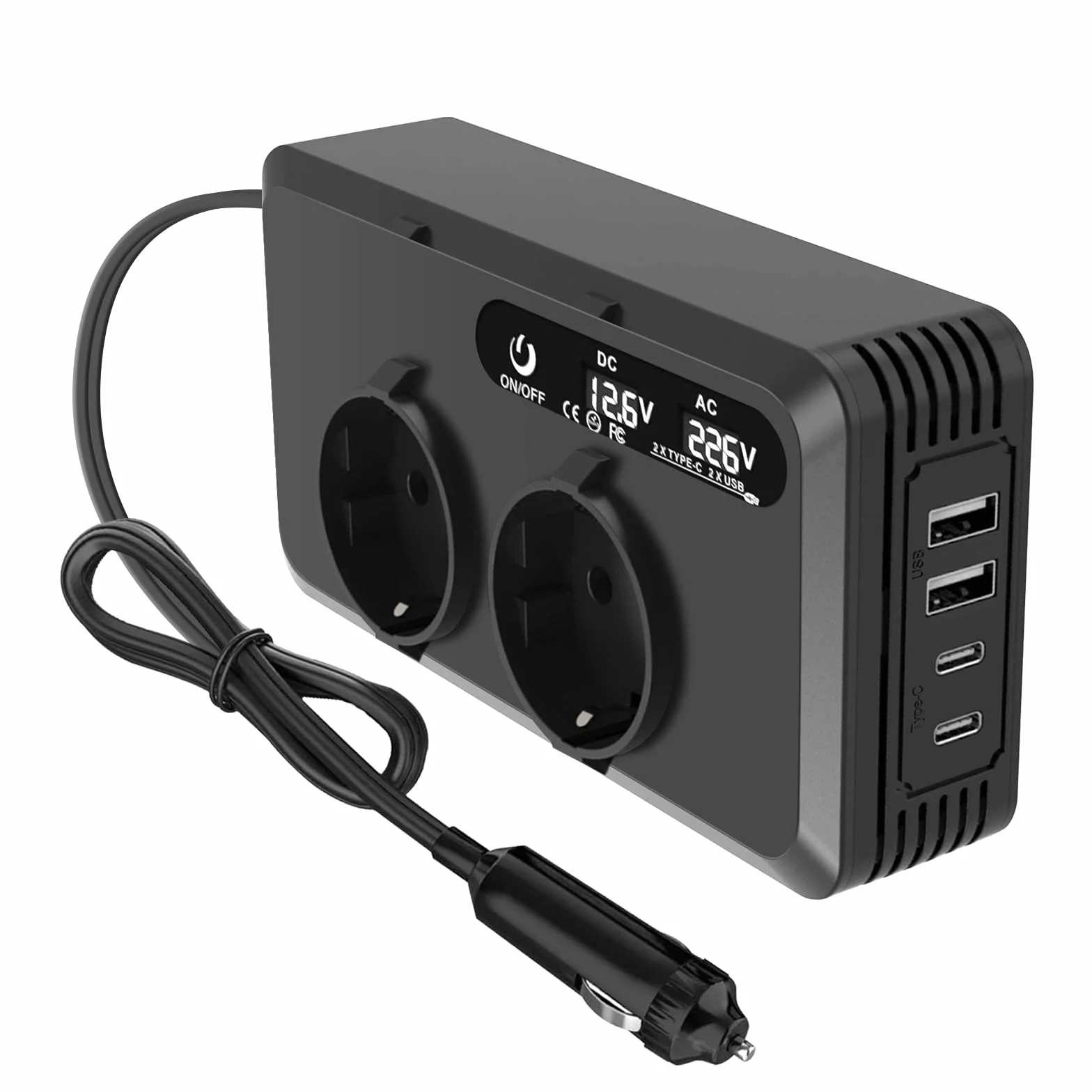 Trasformatore di tensione per auto, inverter DC 12 V, adattatore accendisigari, 2 prese e 2 porte USB + 2 porte tipo C, ricarica rapida per telefoni cellulari