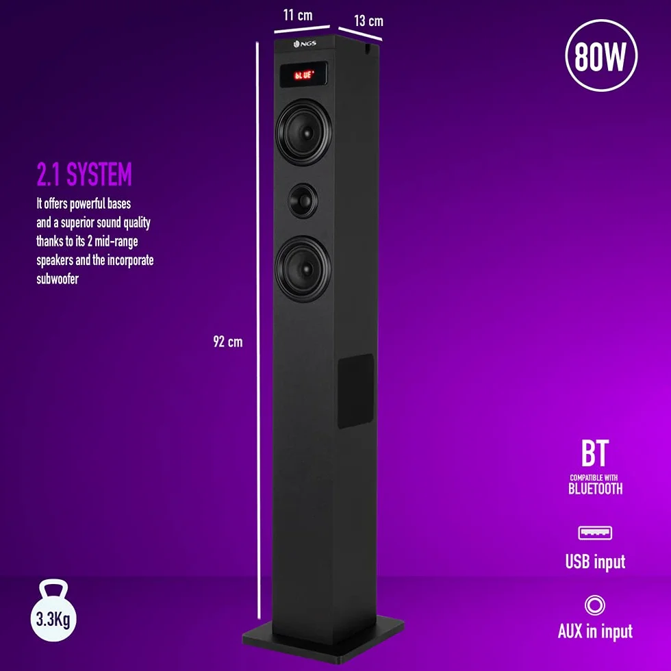 NGS SKY CHARM 2.1- Altoparlante a Torre Bluetooth da 80W con Ingresso Ottico, USB, Radio FM e AUX IN, Nero