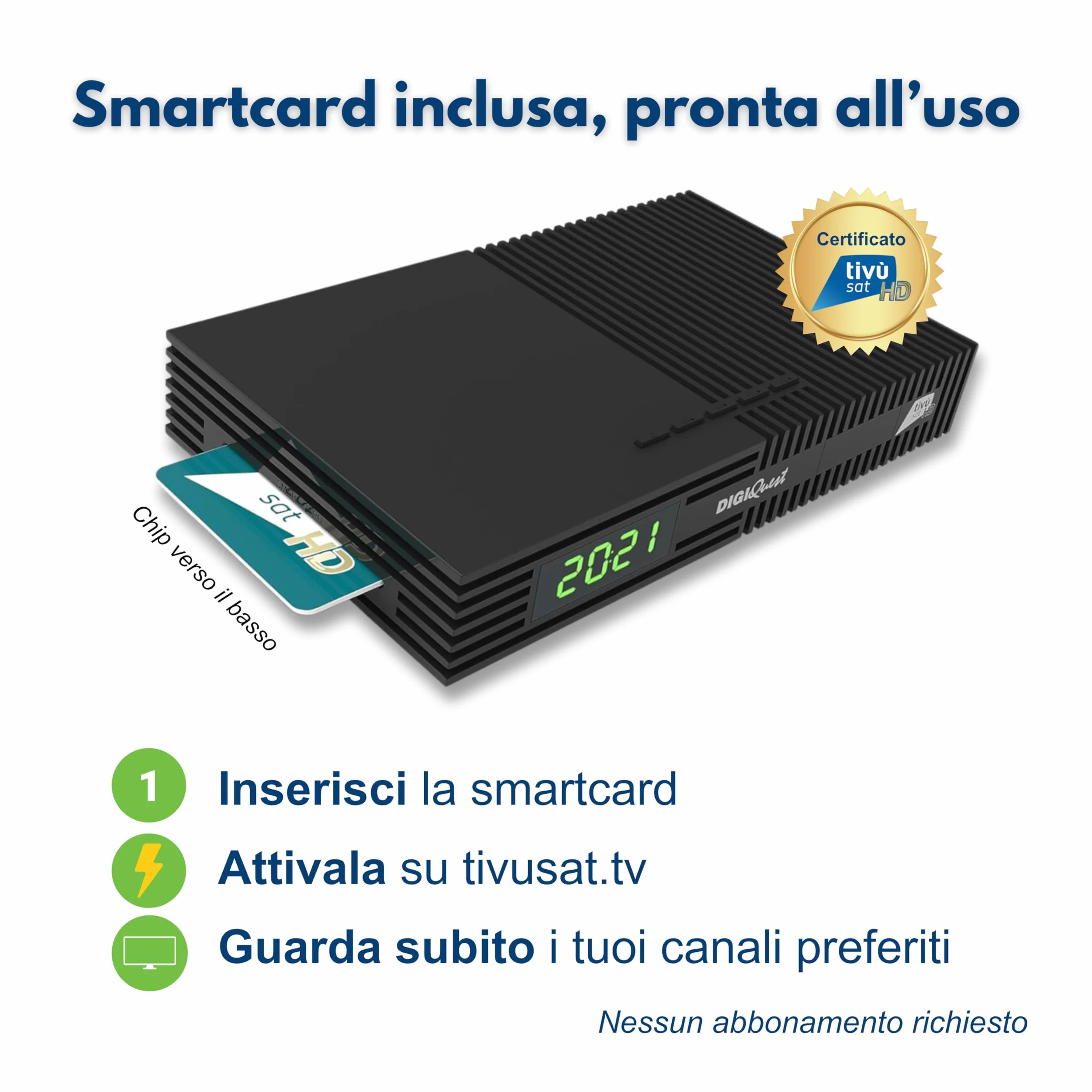 DIGIQUEST Decoder Tivùsat Ti9 con Smartcard Inclusa | Collega e guarda subito | Facile da installare | Telecomando 2in1 | Funzione di registrazione attivabile | DVB-S2 | HDR10/ HLG | Merlin