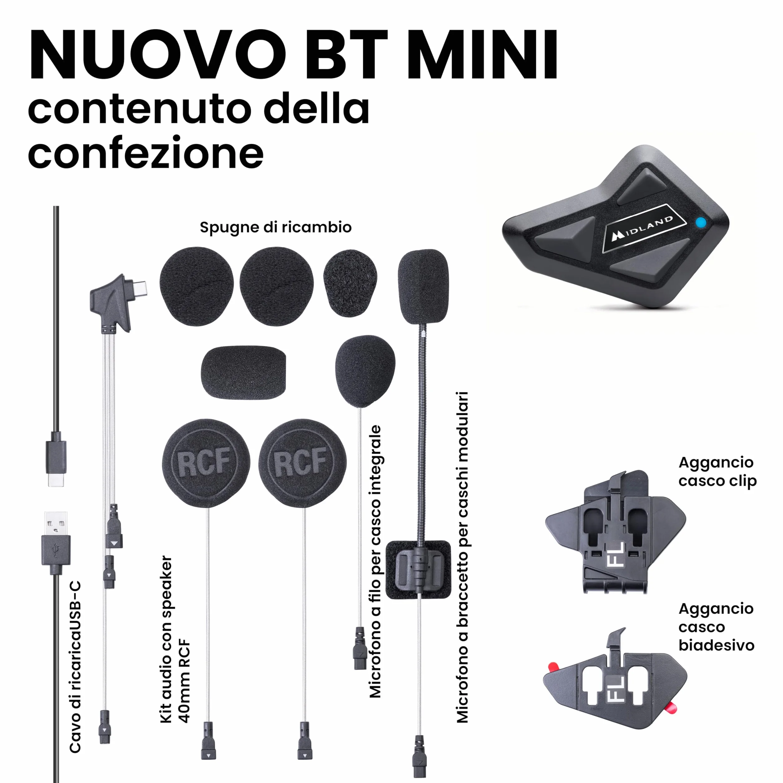 Midland - Interfono Moto Bluetooth ECE2206 Nuovo BT Mini Singolo, Auricolari Casco Moto 4 Persone Waterproof, Portata 500m, Autonomia 8H, Cancellazione Rumore, Music Share, Compatibile TFT