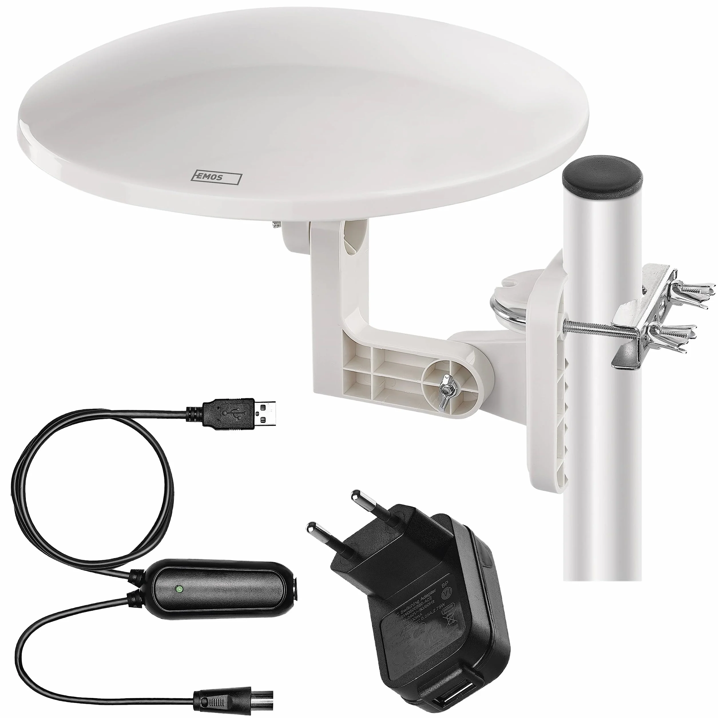EMOS - Antenna digitale con amplificatore - per esterni - Antenna attiva VILLAGE - Portata 0-80 km - FM/DAB/DVB-T/DVB-T2 - Filtro LTE/4G/5G - Angolo di ricezione 360° - Resistente alle intemperie