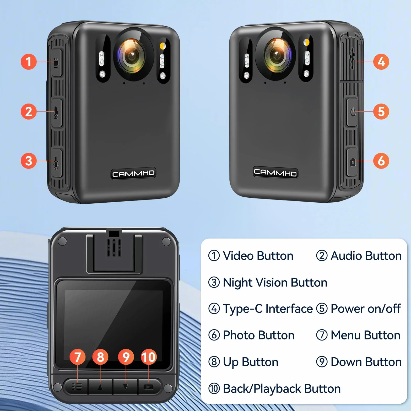 CAMMHD W8-128GB 4K Anti Shake Body Cam 2 batterie 4000mAh con 10 ore di registrazione video, crittografia dati Ultra HD Night Vision Bodycam con dock di ricarica per polizia/sicurezza/escursionismo