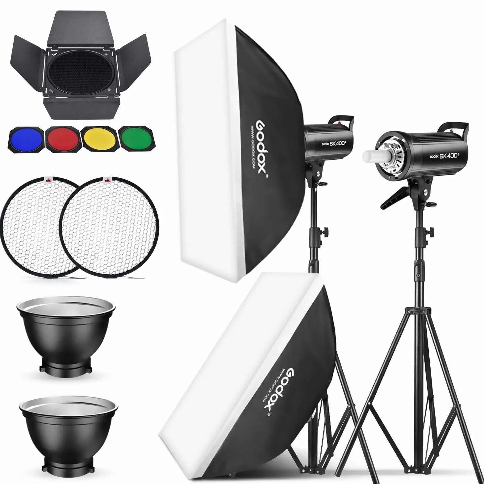GODOX SK400II flash da studio stroboscopico Kit di montaggio Bowens per registrazioni in studio, posizione video e fotografia di ritratto con riflettore per porta del fienile con supporto luce softbox