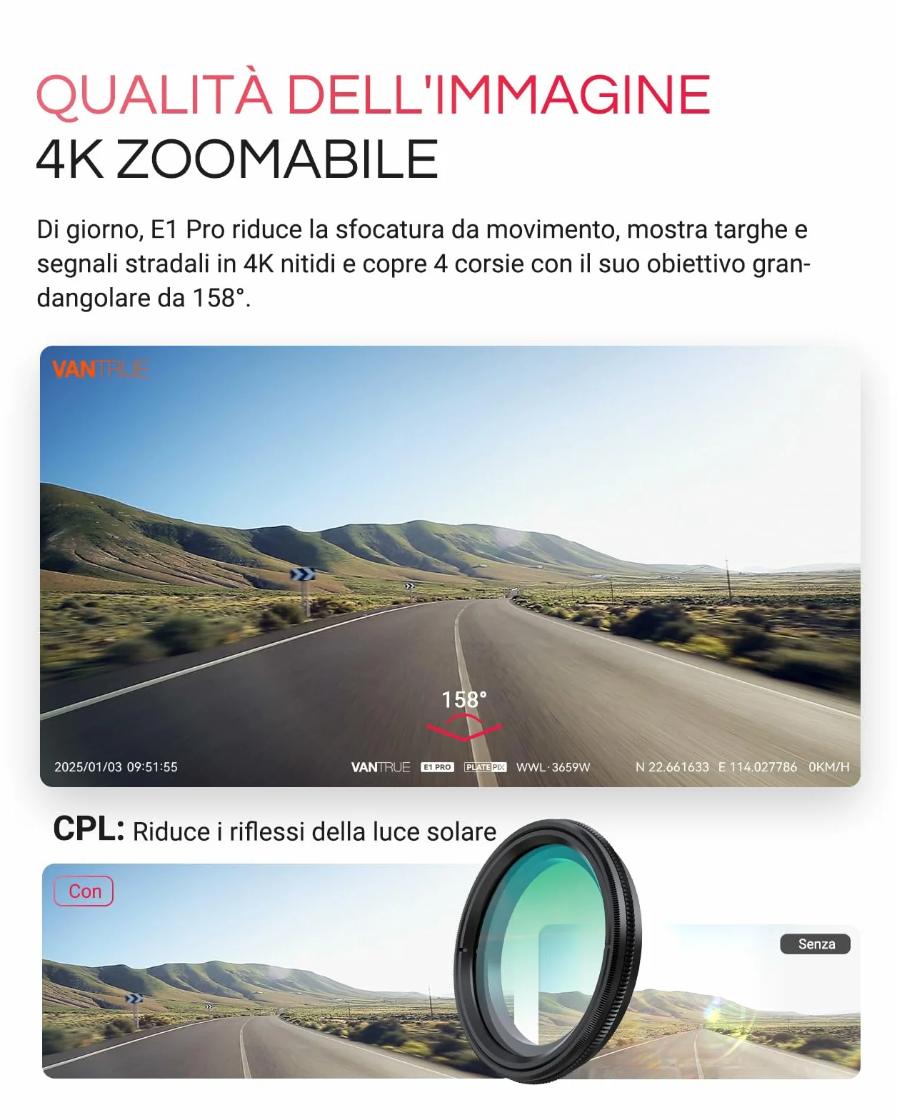 VANTRUE 4K HDR Dash Cam Auto E1 Pro 2160P Mini Dashcam, 5GHz WiFi GPS, STARVIS 2, CPL, Comandi Vocali e APP, Parcheggio 24/7 Telecamera auto, Visione Notturna 2.0, LTE Remoto Opzionale, 1.54”, Max 1TB