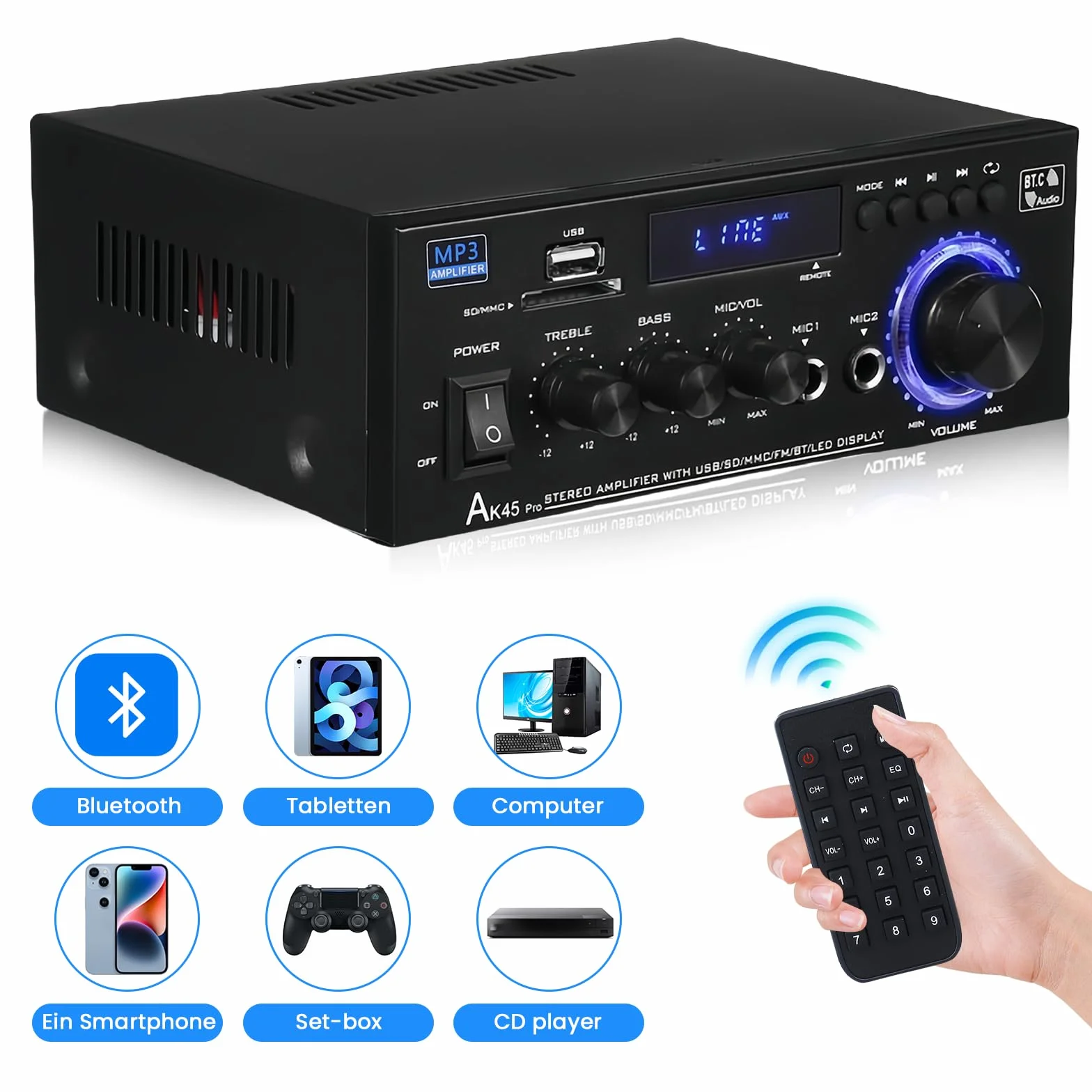 AK45 Amplificatore HiFi Mini Stereo Bluetooth 2.0 Canali 40W X 2 12V/240V Telecomando