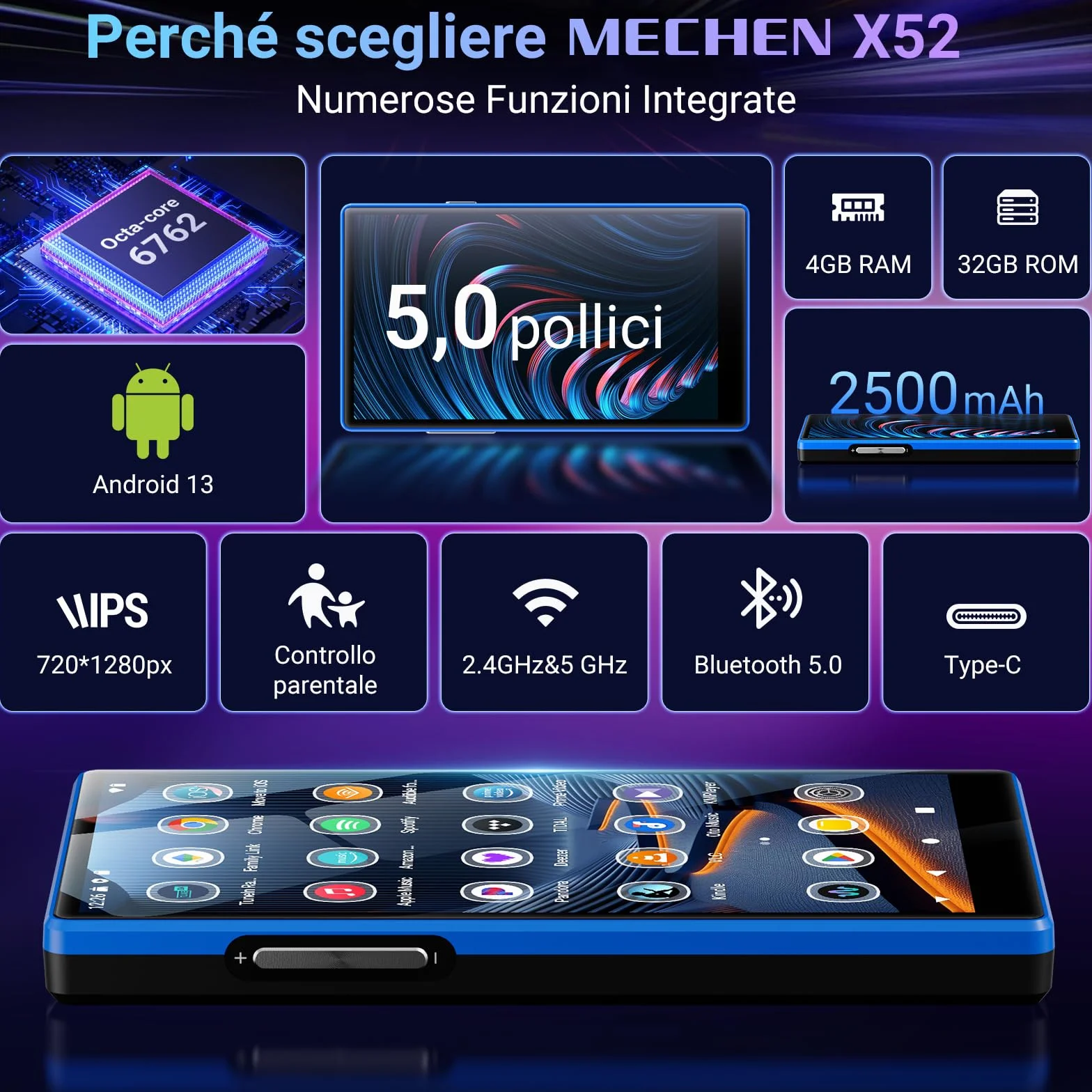 MECHEN 160GB Lettore MP3 con Spotify, 5 Pollici Lettore MP4 Android Bluetooth Wi-Fi, Controllo Parentale, Radio FM, Compatibile con Amazon Music Deezer Audible (X52)