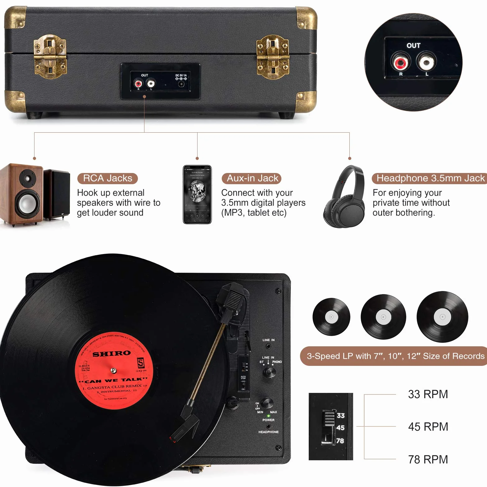 Giradischi Bluetooth 3-Velocità 33/45/78 Giri, Stereo Portatile Vintage con Altoparlanti, RCA, AUX, Cuffie