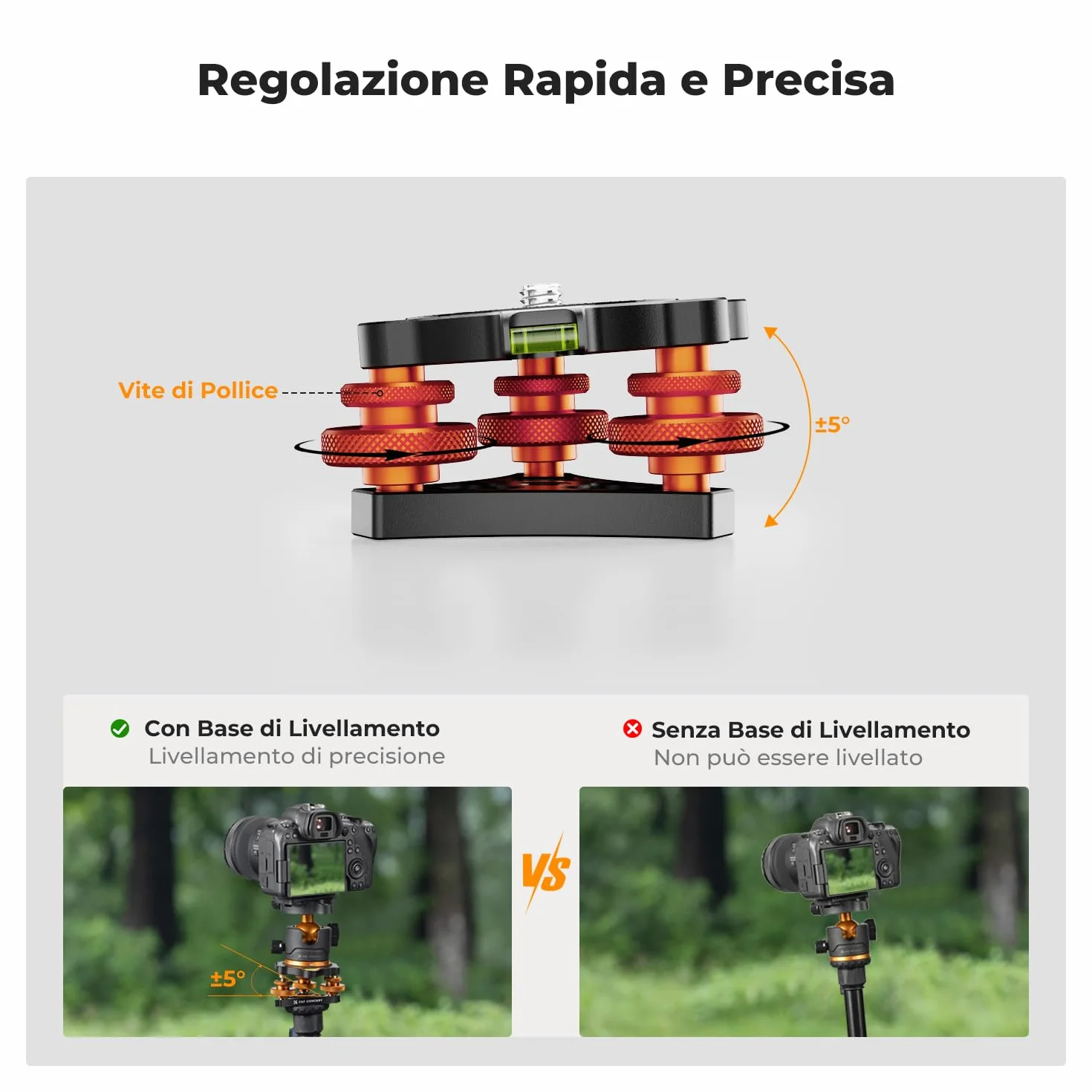 K&F Concept Base di Livellamento per Treppiede Fotocamera, Base in Alluminio con Vite da 3/8" e Adattatore a Vite da 1/4" a 3/8", Regolazione Precisa dell'angolo di ±5° per Fotografia Panoramica Micro