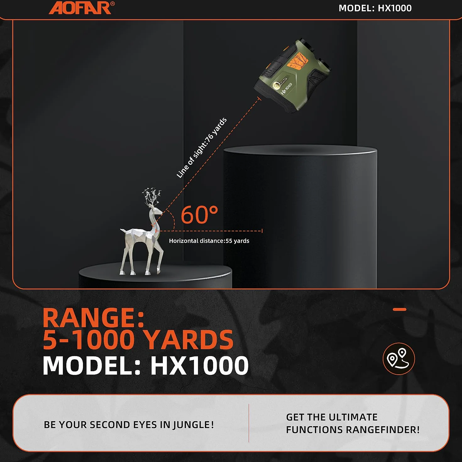 AOFAR HX1000 Telemetro Laser da Caccia 1000 iarde, Misurazione Distanza Angolare e Orizzontale, Modalità Scansione e Velocità, 6x Ingrandimento, Impermeabile, Batteria Inclusa