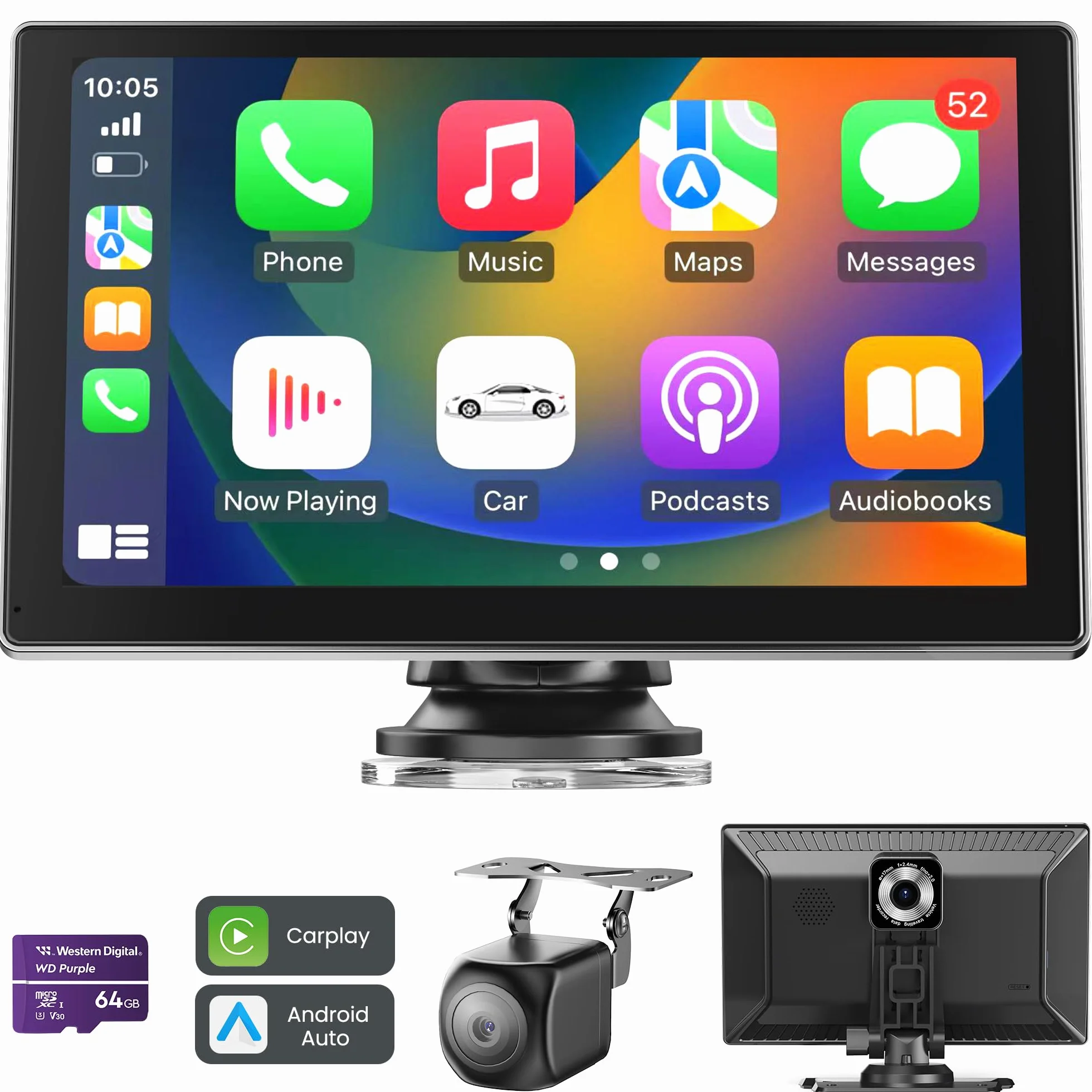 Carplay Auto, 9'' Schermo per Auto, Supporto CarPlay e Android Auto, Dash Cam 4K Integrata e Telecamera Posteriore 1080P, Navigazione GPS/Bluetooth 5.0/Controllo Vocale/Mirror Link/FM, SD 64GB Inclusa