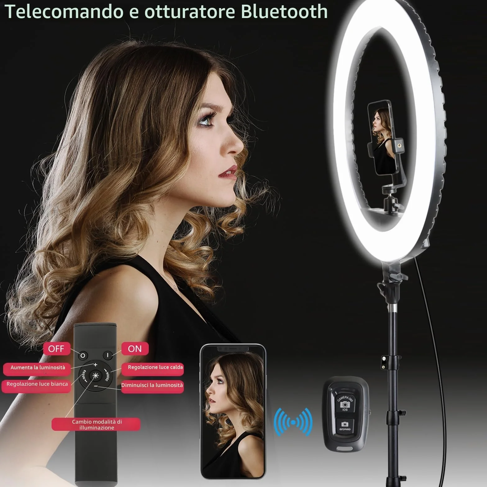 Luce ad anello a LED da 53,3 cm con supporto per treppiede, luce ad anello video per fotografia, registrazione vlog, conferenze, riunioni, ritratti, YouTube, TikTok, trucco, con telecomando, CRI> 97
