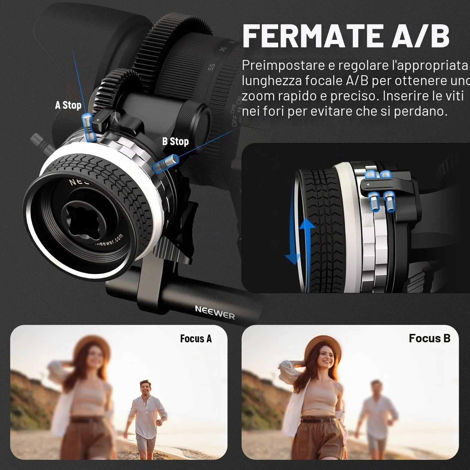 NEEWER Mini Follow Focus con attacchi A/B, corona dentata, asta da 15 mm e morsetto per fotocamera a film, fotocamera DSLR/senza specchio, compatibile con lenti di diametro fino a 114 mm, PG001