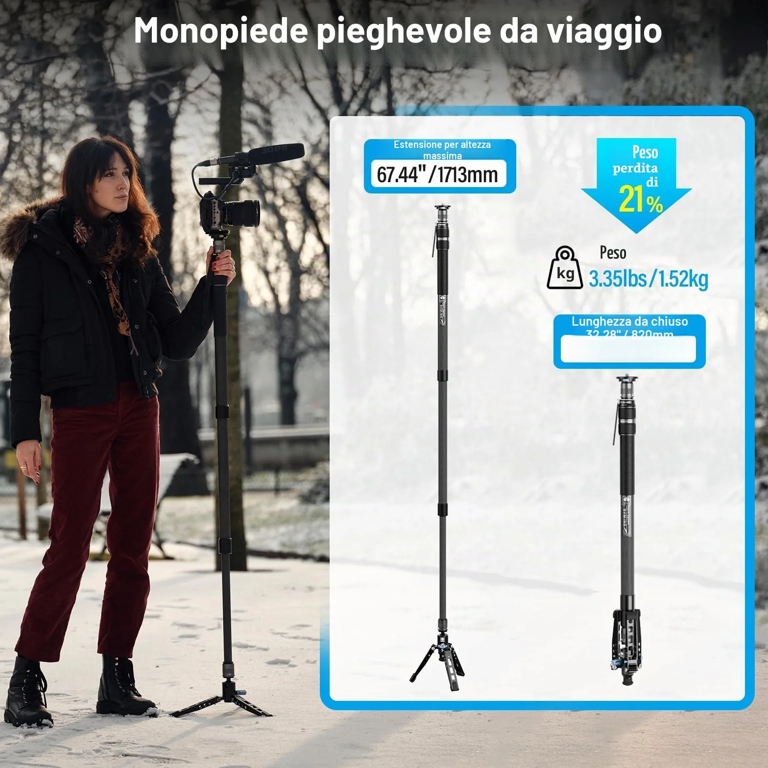 SIRUI SVM-165 - Monopiede per fotocamera con piedi per fotografia, 165 cm, in fibra di carbonio, monopiede con treppiede rimovibile, monopiede professionale per fotocamera DSLR, videocamera, carico