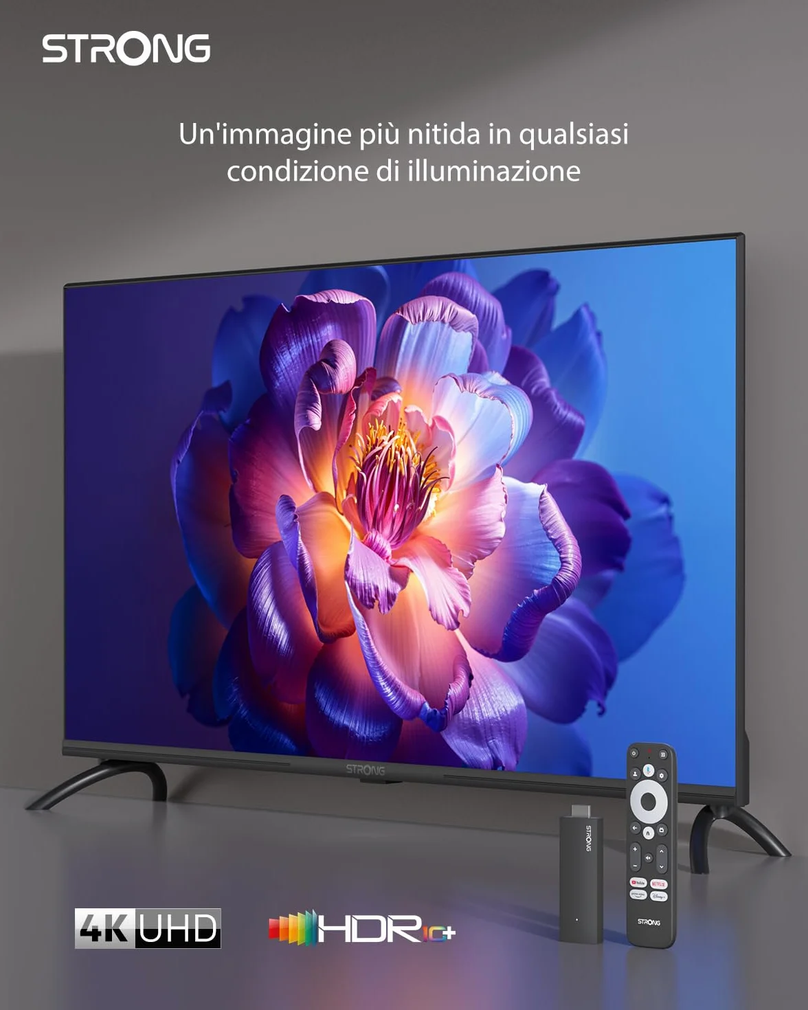 STRONG SRT41 Google TV Stick 4K UHD, Android 11, Wi-Fi, Chromecast Integrato, Assistente Vocale Google, HDR10+, Dolby Audio, Netflix, Prime Video, YouTube, Disney+