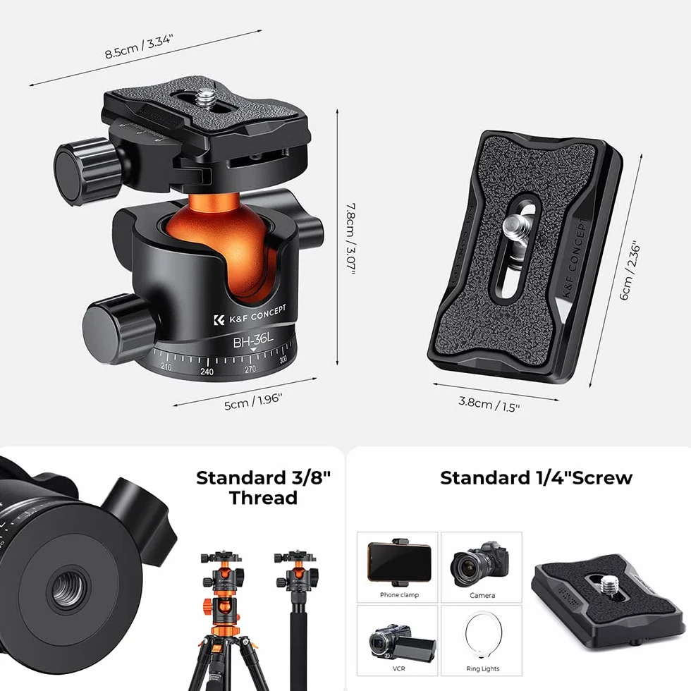 K&F Concept Testa a sfera per treppiede in metallo da 36 mm Rotazione a 360 gradi Panoramica con piastra a sgancio rapido da 1/4 di pollice Livella a bolla Capacità di carico fino a 35,2 libbre/16 kg