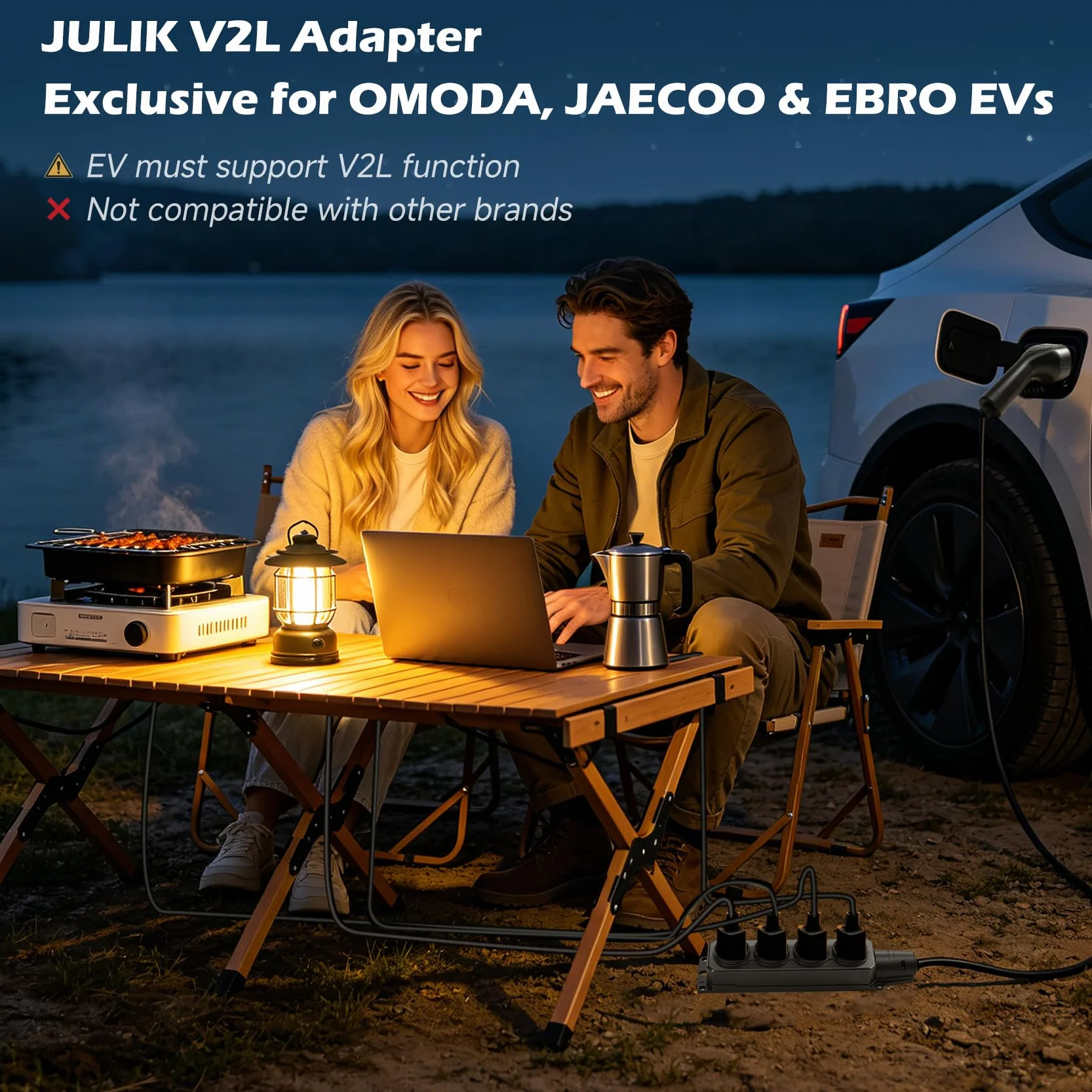 JULIK Adattatore V2L per Omoda 5 EV, Jaecoo 7, EBRO S700, Tiggo 8 - Lunghezza Totale 3m, Multipresa 4 Uscite, 3.5kW 16A Pistola di Scarica Tipo 2 EV a Presa Schuko, Camping, Emergenza