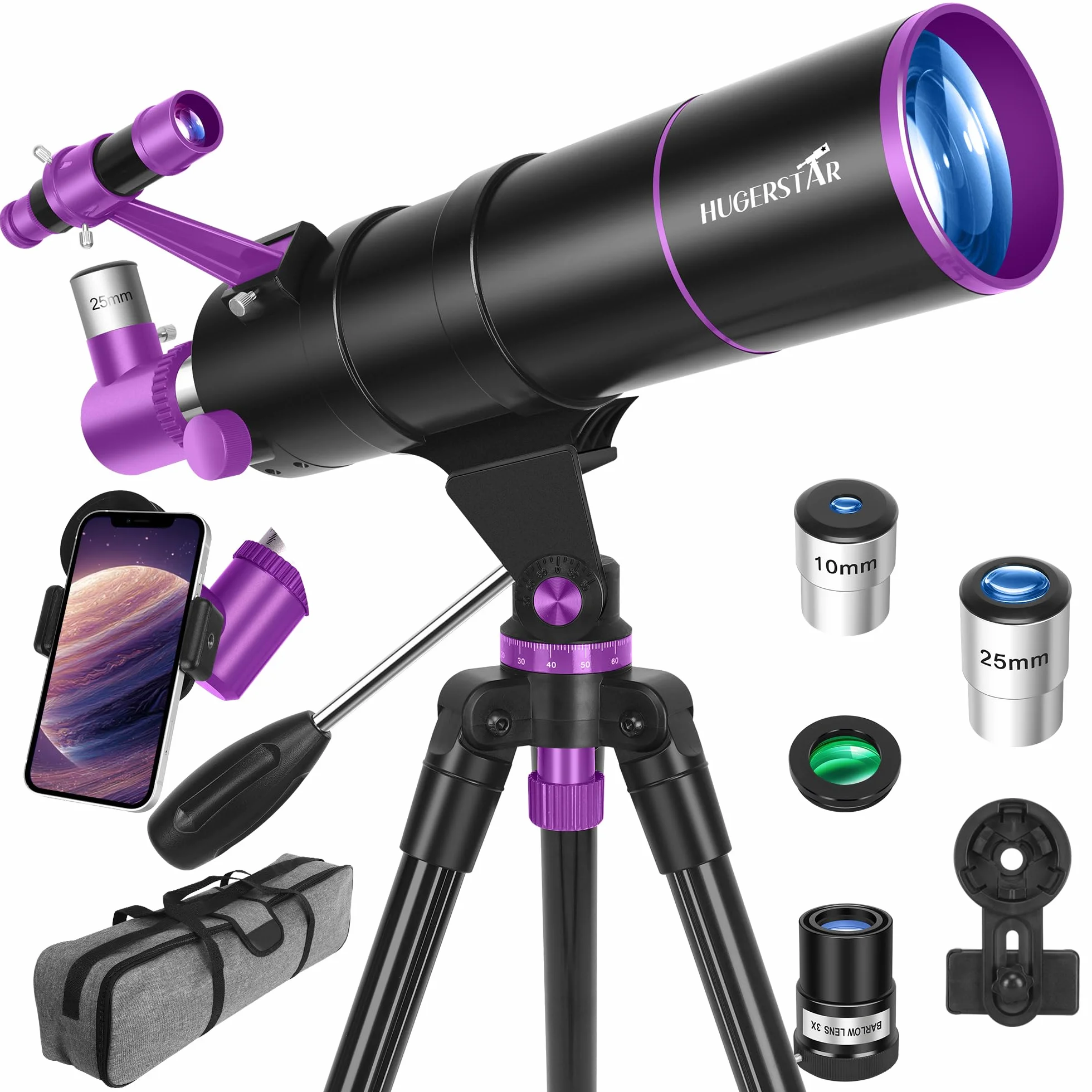 Telescopio Astronomico Professionale per Adulti e Bambini, 90/550mm Telescopio Rifrattore Portatile per Principianti con Treppiede Regolabile, Filtro Lunare, Adattatore Telefonico e Borsa