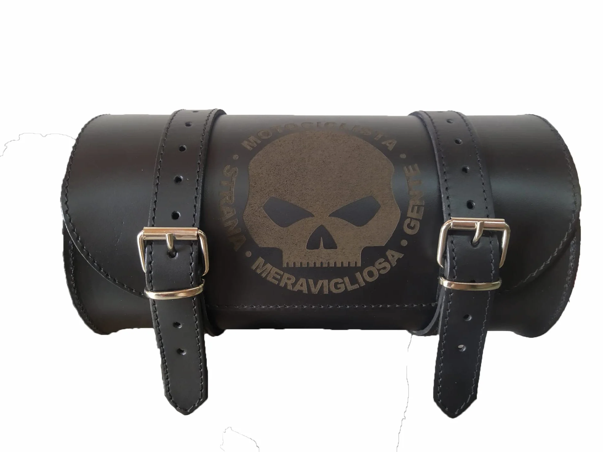 Selle del Salento Barilotto borsa moto 25x12 con incisione teschio con scritta Motociclista strana meravigliosa gente shull compatibile con harley devindson