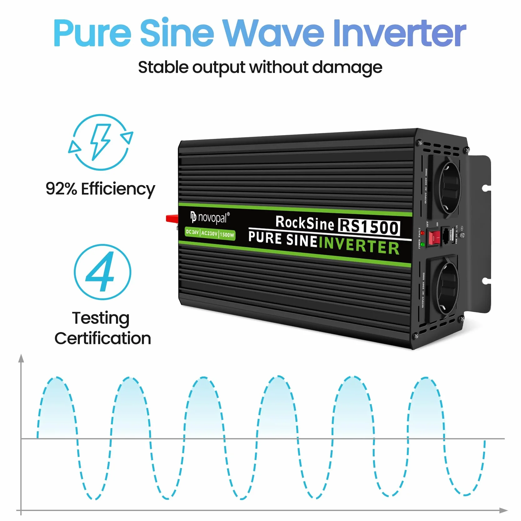 Novopal 1500W 3000W Inverter Onda Sinusoidale di Potenza,DC 12V in AC 220V Inverter di Tensione,2 EU Presa con Uscita USB,5 Metri di Telecomando,Adatto per Famiglia, Campeggio, Viaggi