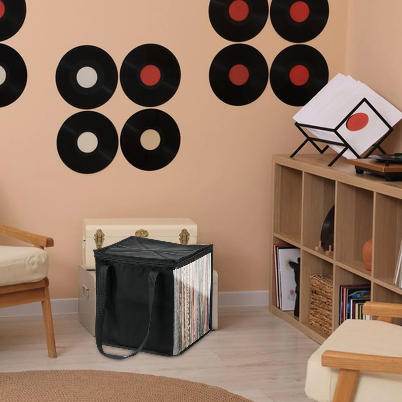 Borsa per Trasporto di Dischi in Vinile, Custodia Portatile per Dischi in Vinile, Organizer per Dischi con Coperchio Scatola Porta Raccolta per Contenere Fino A 50 Dischi LP