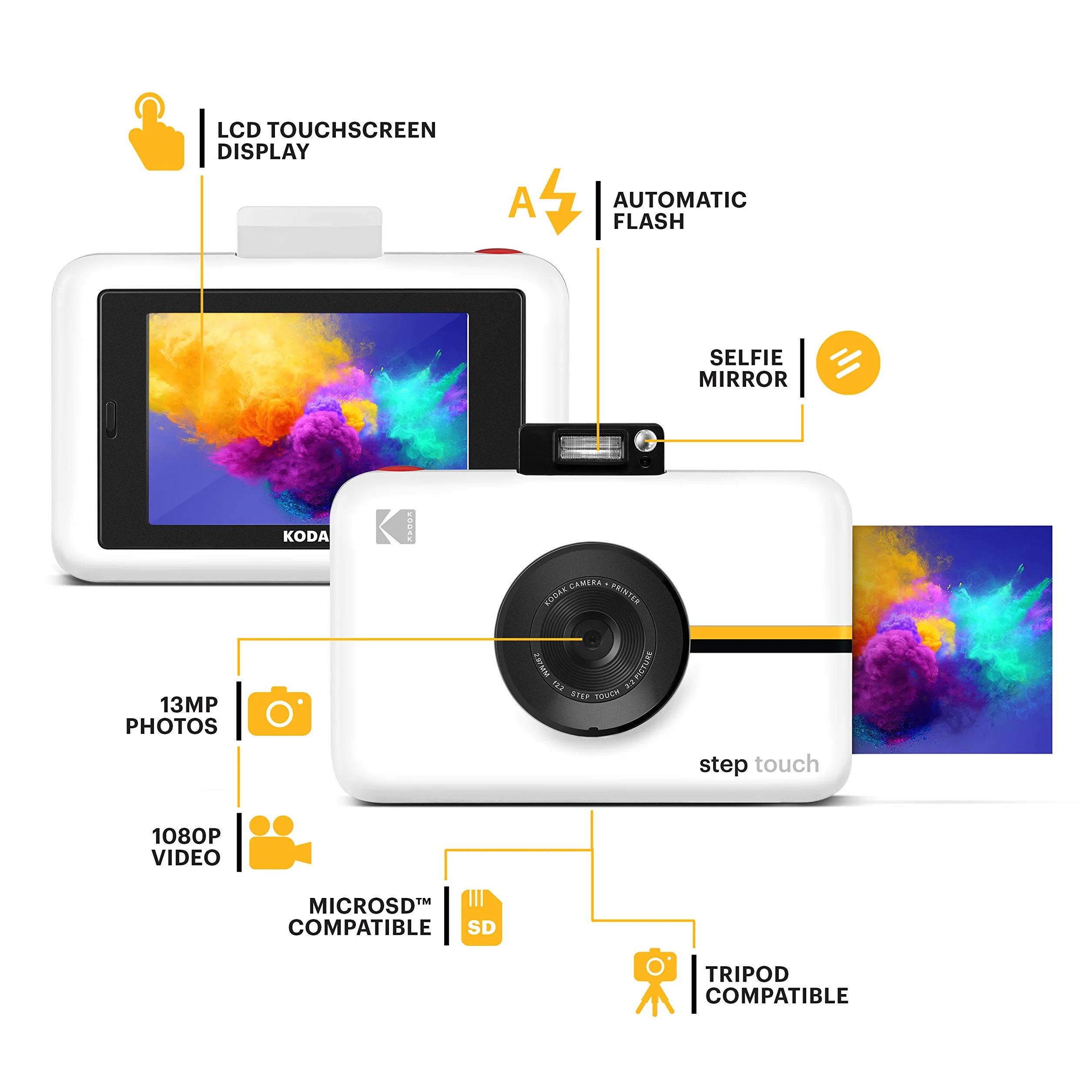 KODAK RODITC20AMZW Step Touch | Fotocamera digitale 13 MP a stampa istantanea, touchscreen LCD da 3,5", video HD 1080p, zoom ottico 10x, tecnologie Bluetooth e ZINK Zero Ink | Bianco