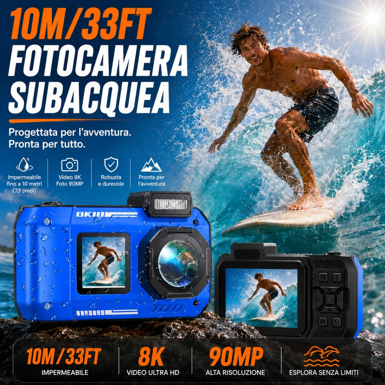 MaxMango D50 33FT Macchina Fotografica Subacquea Impermeabile, 8K 70MP Fotocamera Digitale con 16 GB di Scheda, Doppio Schermo 2.8'' per Selfie, 18x Zoom, Resistente a Polvere e Urti per Snorkeling