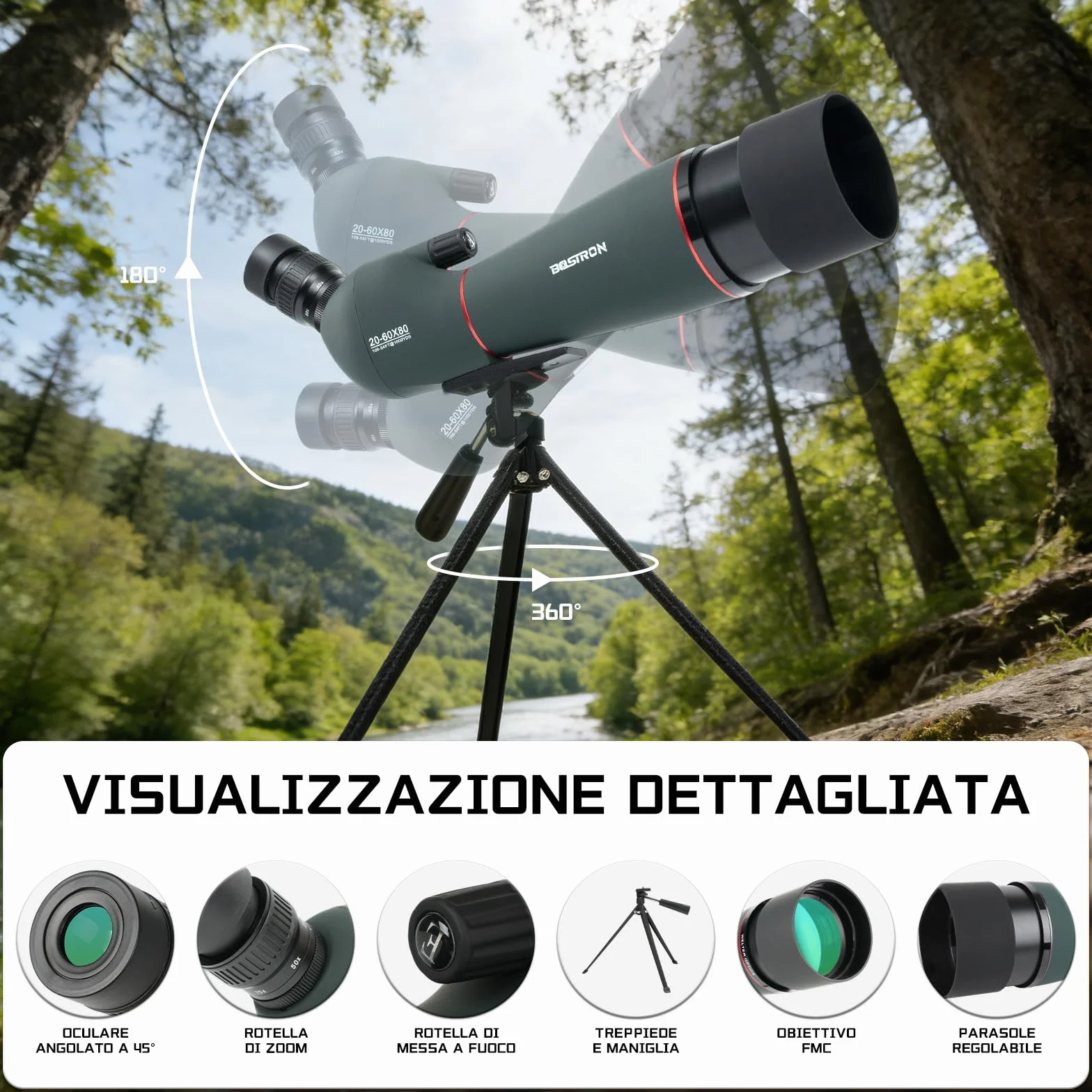 Cannocchiale con Treppiede, 20-60x80 Telescopio Spotting Scope - FMC Cannocchiale Professionale con Treppiedi con Smartphone Adapter per Caccia, Tiro a Segno, Birdwatching