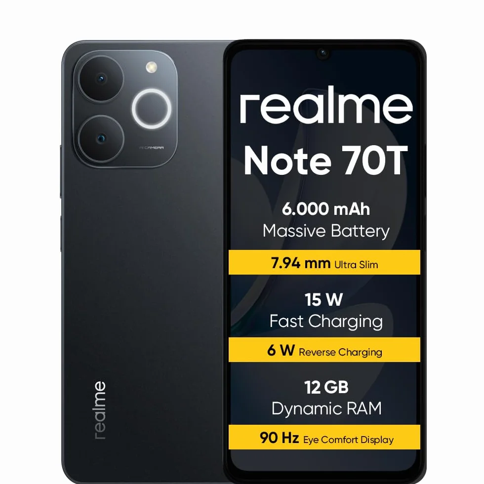 realme Note 70T Smartphone 4+256GB, Batteria da 6.000 mAh, Ricarica rapida da 15 W con carica inversa da 6 W, 24 GB di RAM dinamica, Display con comfort visivo da 90 Hz, nero