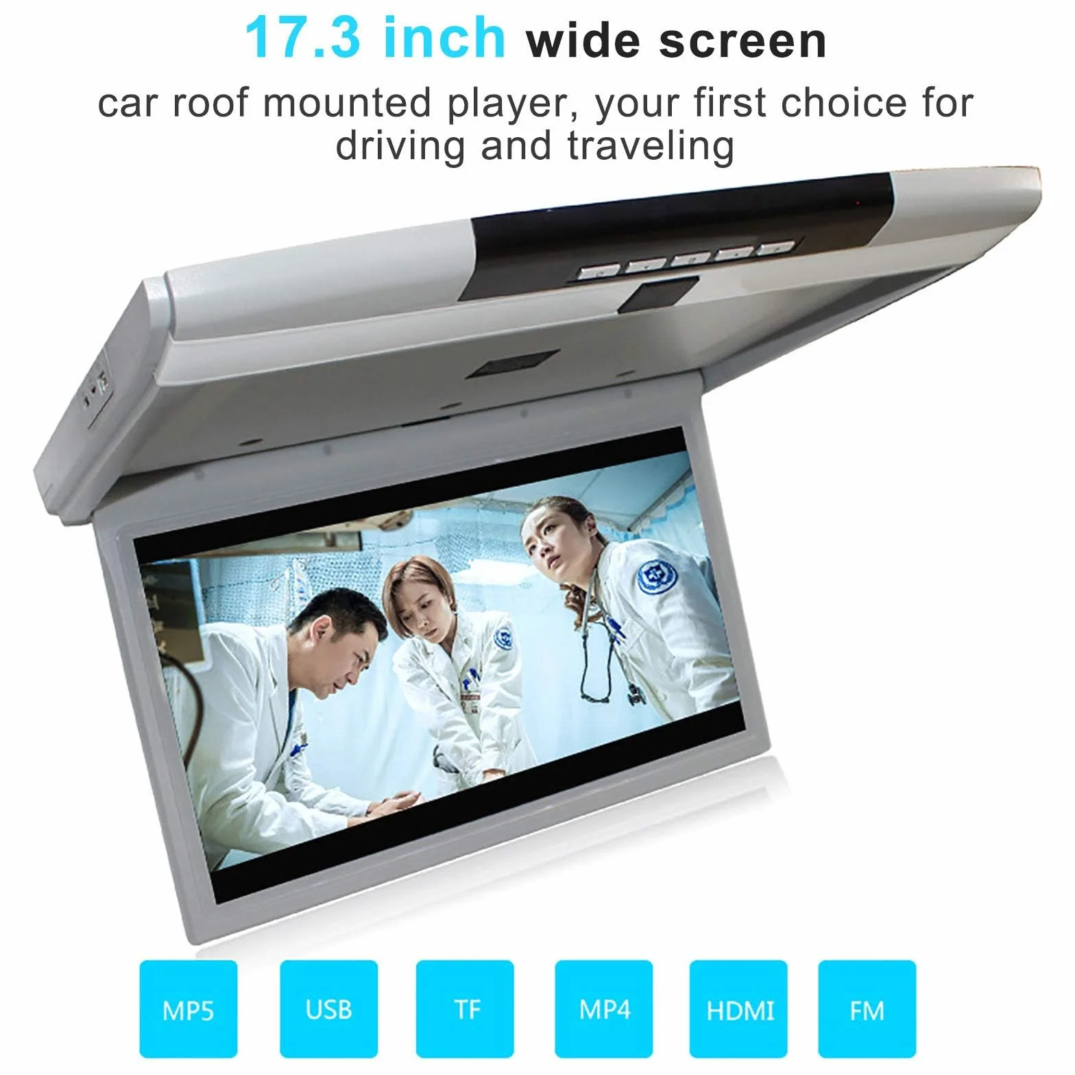 Monitor Ribaltabile per Auto, 17.3 Pollici 16: 9 Schermo Tft Digitale Ultrasottile 1080p Video Lettore per Auto da Tetto Monitor Montato sul Tetto Porta Hdmi USB SD Ir E FM,Black