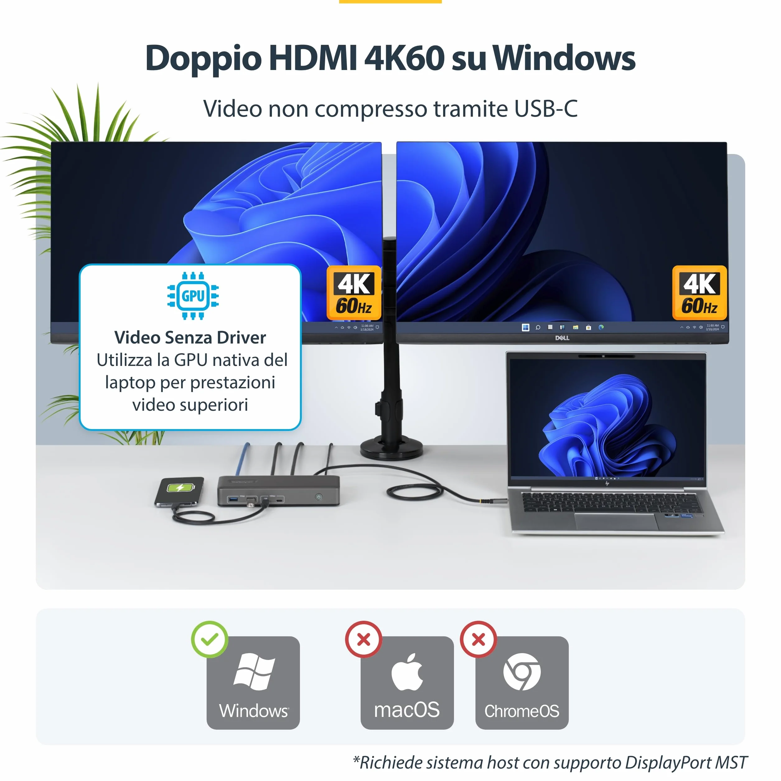StarTech Docking station USB-C Dual Monitor, 2x HDMI 4K 60Hz, PD 100W, 6x USB 10Gbps, Gigabit Ethernet, Driverless, DockpPer Laptop Windows DP Alt Mode