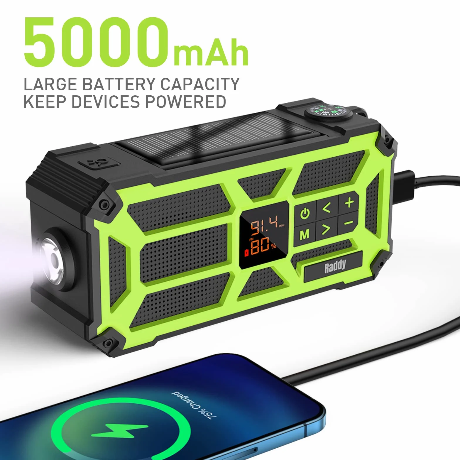 Raddy SW5 Radio Dinamo Impermeabile IPX5 AM/FM Portatile Emergenza Solare 5000mAh Powerbank