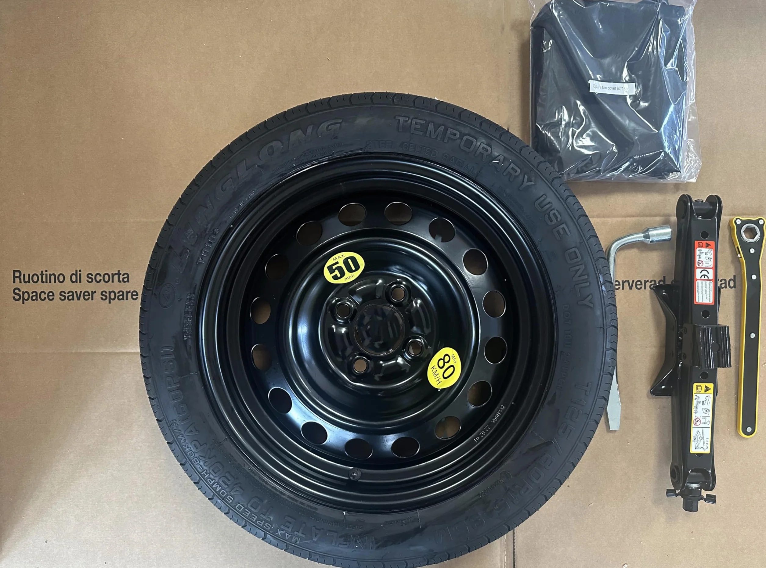 D'angelo Kit Ruotino di Scorta 15" compatibile Fiat Panda, Stilo, 500, Bravo, Idea, Fiorino, Lancia Ypsilon con Cric Chiave Sacca