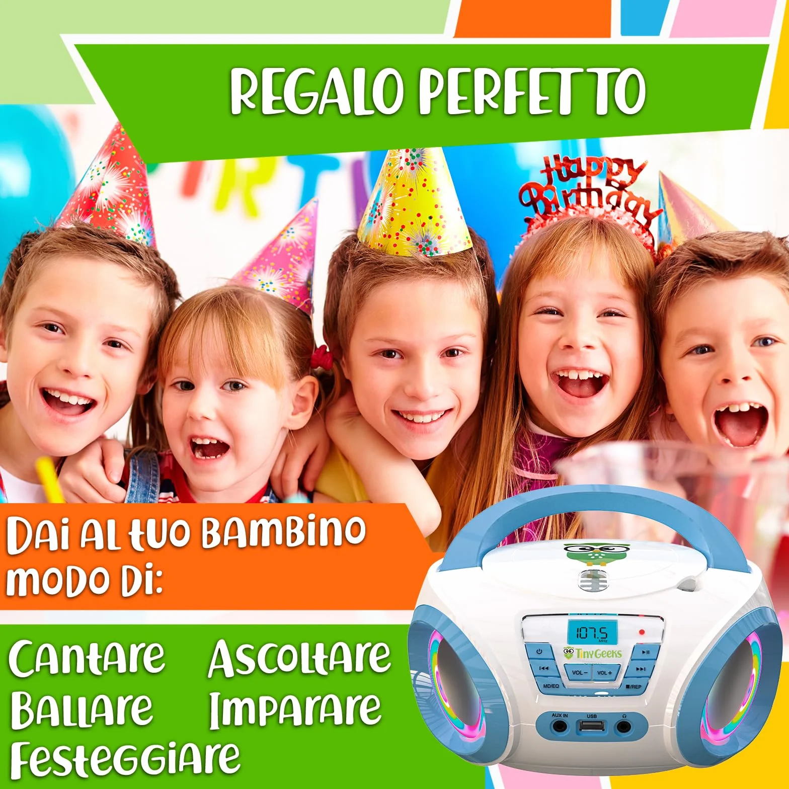 TinyGeeks Tunes CD PLAYER - NUOVO + Radio FM + Batterie incluse + LETTORE CD BAMBINI con altoparlanti + Regalo perfetto per bambini - Bianca