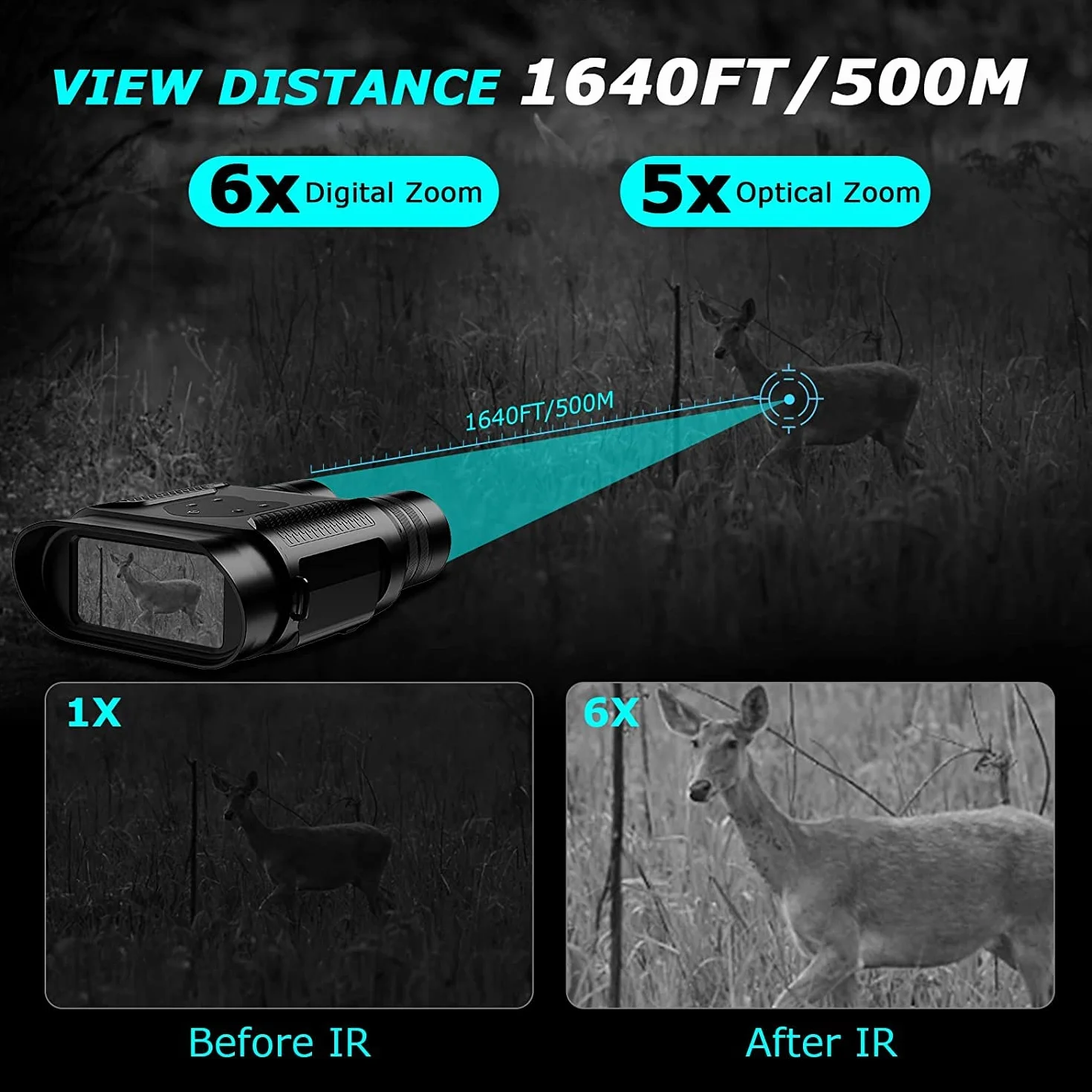 Visore Notturno,1080P+4" TFT Digitale Infrarossi Binocolo Visione Notturna, Caccia Professionale di Portata 500m, Zoom Digitale 6X, Visore Notturno con Scheda 32GB, per Caccia Birdwatching Campeggio