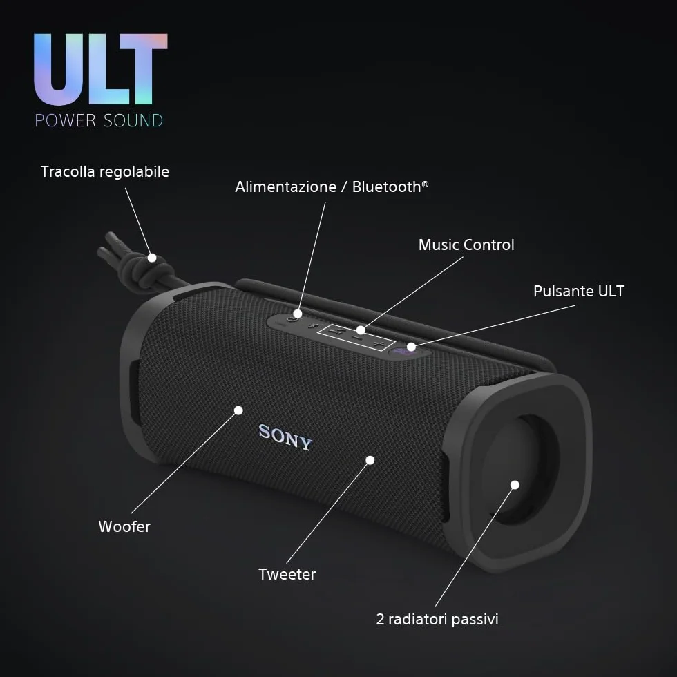 Sony ULT FIELD 1 | Speaker portatile wireless Bluetooth con ULT POWER SOUND, bassi profondi, IP67, impermeabile, antipolvere, antiurto, batteria da 12 ore, qualità chiamata chiara, viaggio - Nero