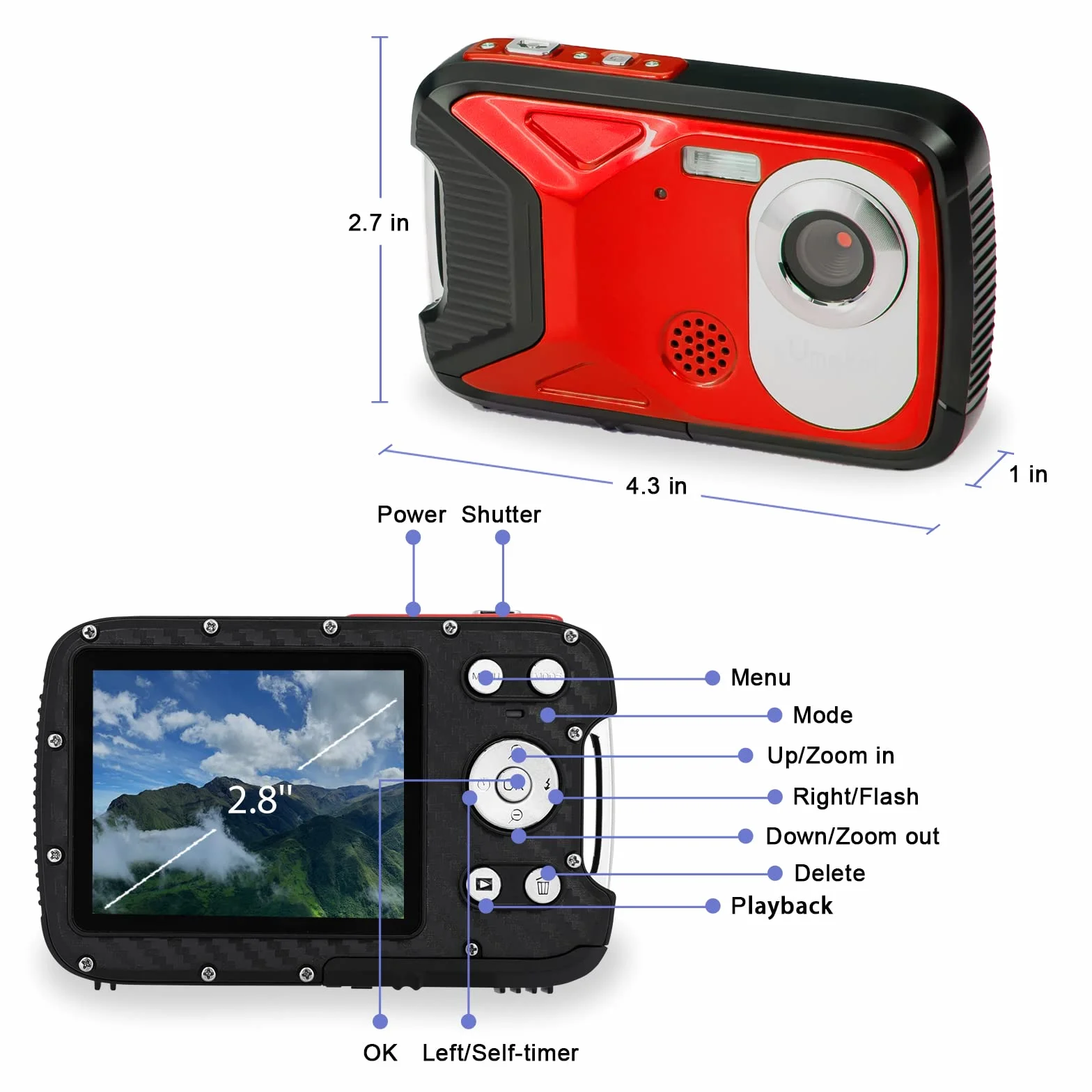 GDC8026 Fotocamera digitale impermeabile/Zoom digitale 8x / 21 MP/FHD 1080P /Schermo LCD TFT da 2,8"/ Telecamera subacquea per bambini/Adolescenti/Studenti/Principianti/Anziani (Rosso)
