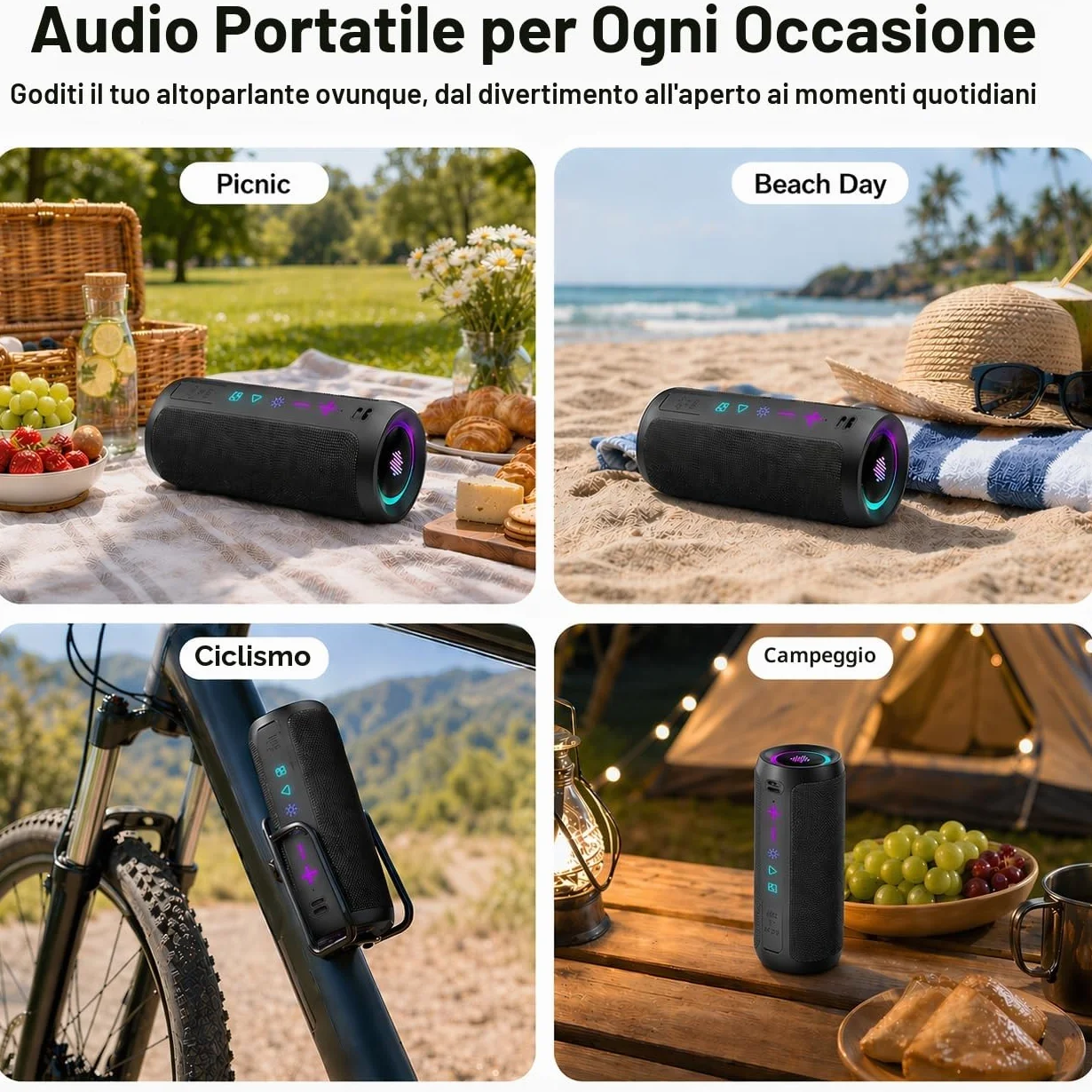 TIMU Cassa Bluetooth Portatile Potente, 25W Altoparlante Bluetooth 5.4 con 2 Modalità EQ, Basso Profondo, IPX7 Impermeabile Speaker, TWS, 24H di Autonomia, 8 Modalità RGB, Supporto AUX/TF