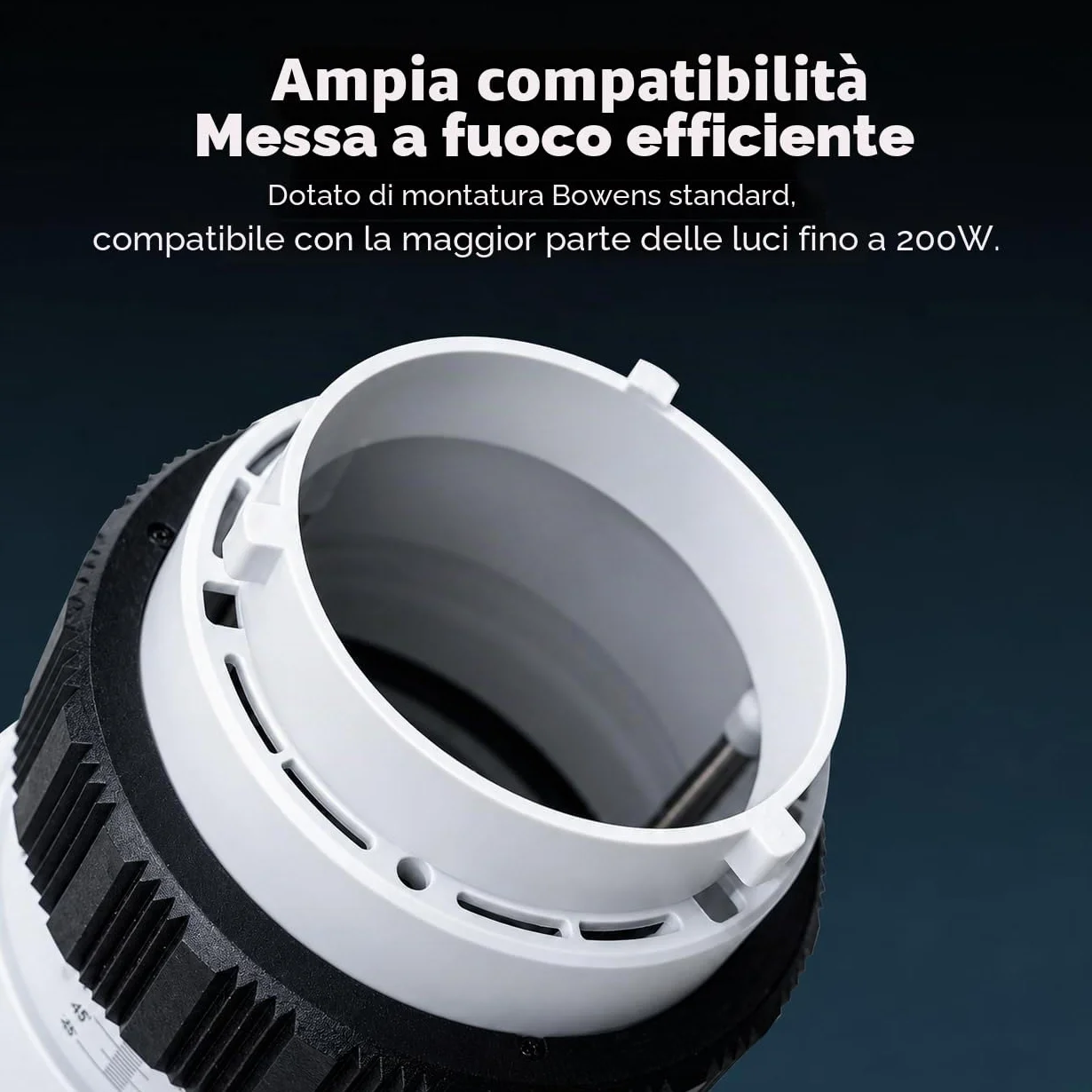 10X Lente Fresnel con Attacco Bowens e Alette a 4 Foglie, Fascio Regolabile 10°–45°, Zoom a Fuoco Posteriore per Luci COB ≤200W, Modellazione della Luce per Riprese Cinematografiche