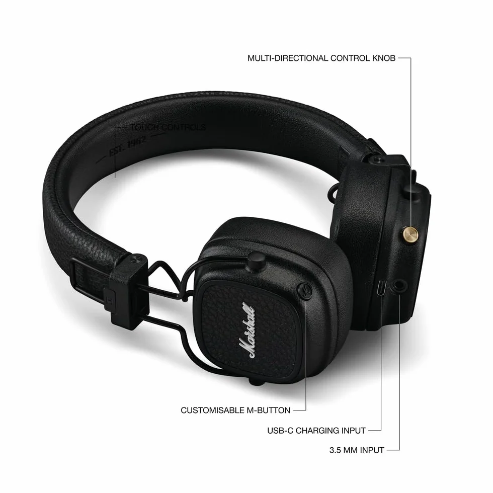 Marshall Major V Cuffie Wireless Bluetooth 100 Ore Riproduzione Nero