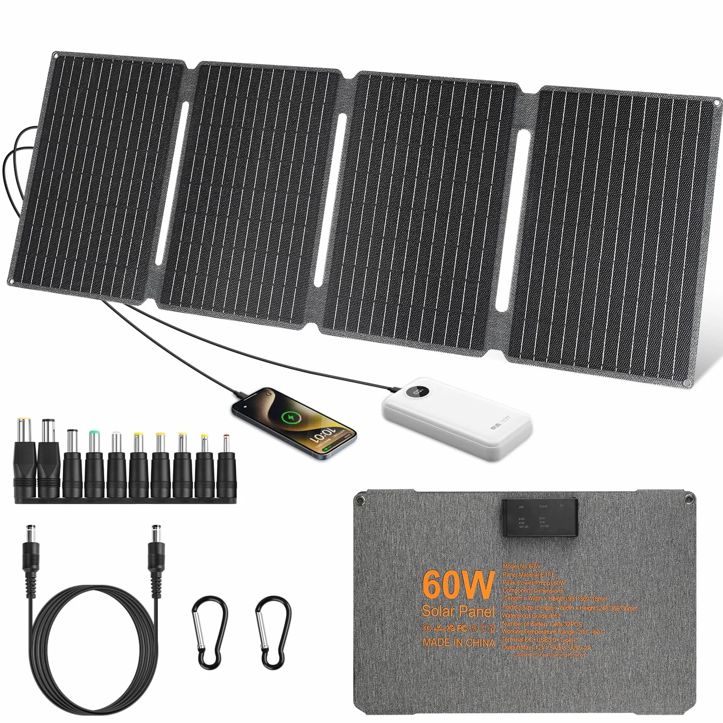 【60W Pannello Solare Portatile 18V Kit】60W Pannelli Solari Portatili ETFE IP67 Caricabatterie Solare DC+USB3.0+Type-C Caricatore Solare Campeggio per Accumulatore, Piccoli Generatori, Powerbank Solare