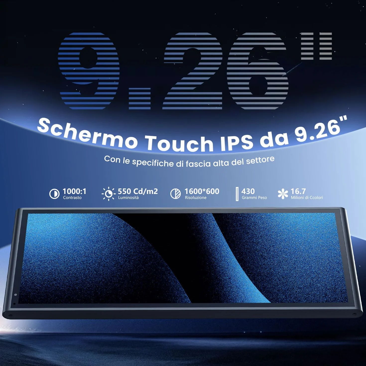 Schermo Portatile Wireless da 9,26" CarPlay per Apple CarPlay & Android Auto, Aggiornamenti OTA, Telecamera di Retromarcia, Mirror Link, Bluetooth 5.0, Controllo Vocale, Navigazione GPS, FM